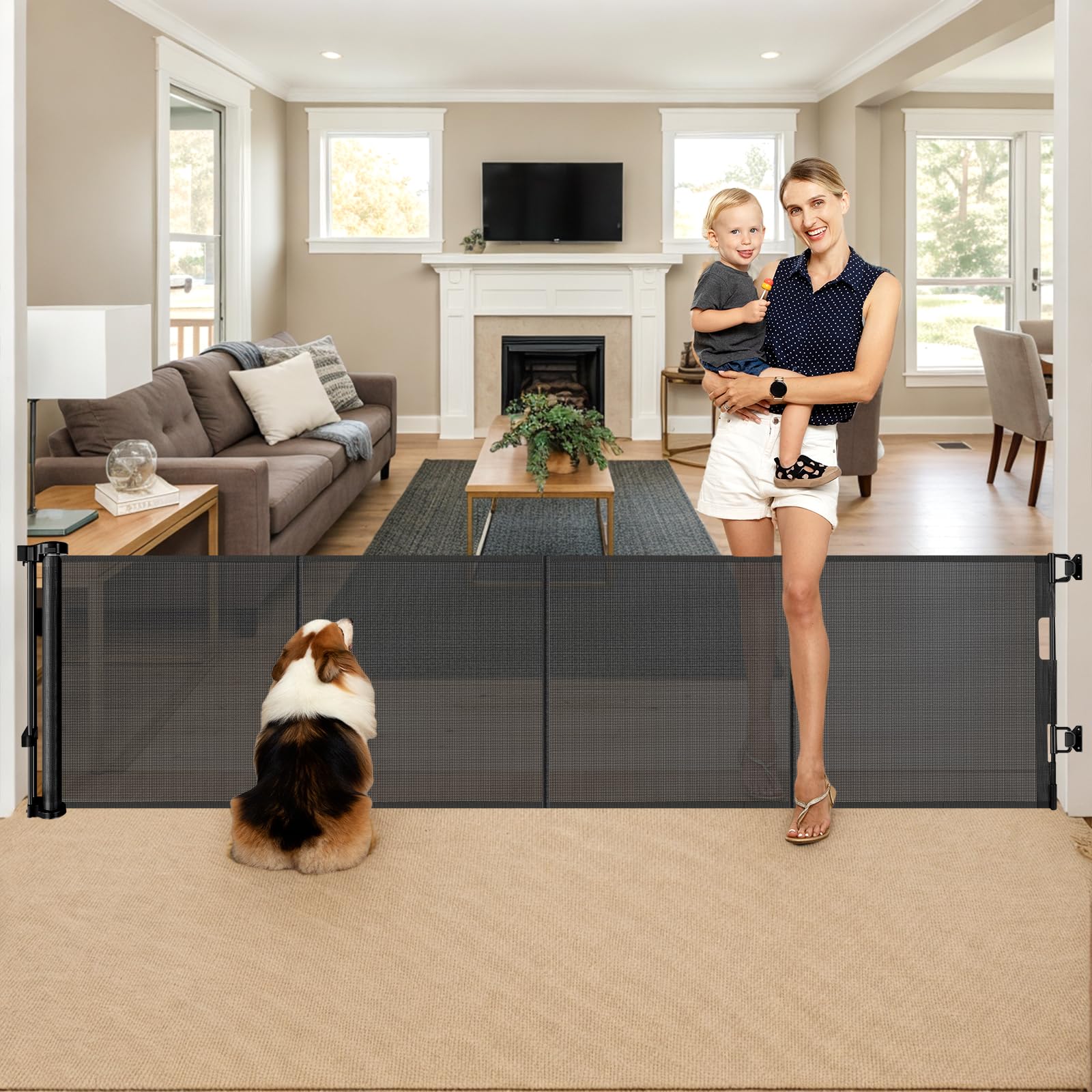 Reinforced 28 Tall x 100 Wide Retractable Baby Gates Extra Wide Dog Gate - Easy Step Over, Long Baby Gate Retractable Dog Gate I