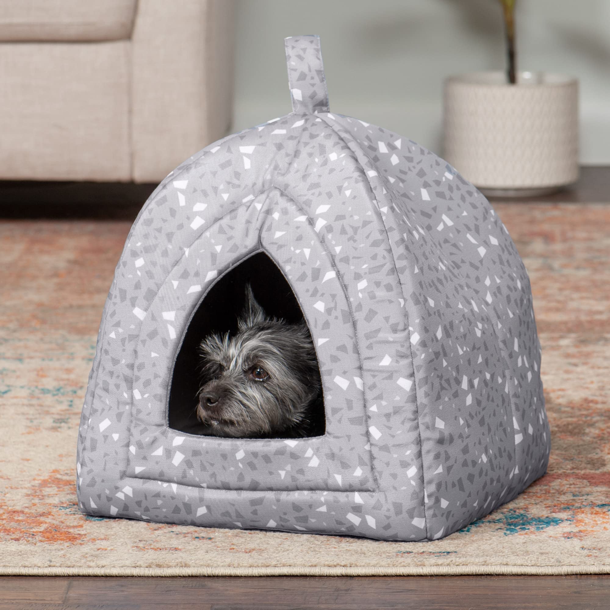 Furhaven Small Cat Bed - Washable Polycanvas Pet Tent, Gray Terrazzo, Model 92207151