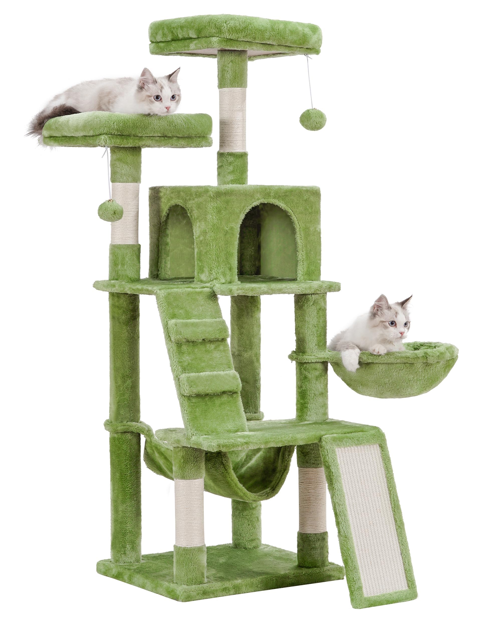 Heybly Cat Tree, Cat Tower For Indoor Cats,Multi-Level Cat Furniture Condo For Cats With Padded Plush Perch, Cozy Basket And Scratching Board Smoky Green Hct014Gr