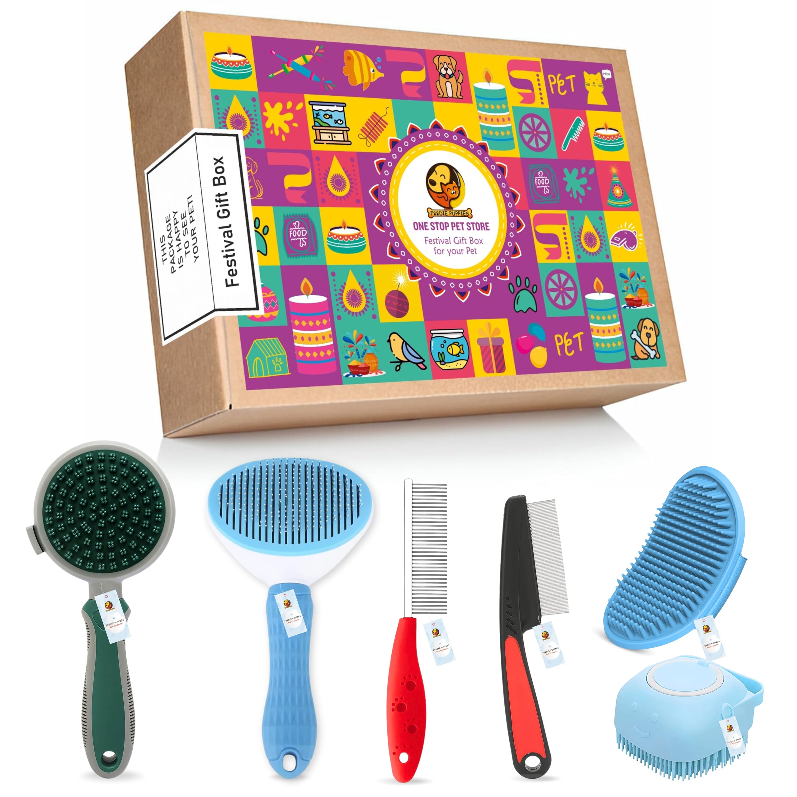 Foodie Puppies 6In1 Pet Grooming Combo Festival Gift Box  (Magic Duo & Oval Slicker, Flea Comb, Single Side Comb, Bath Brush,