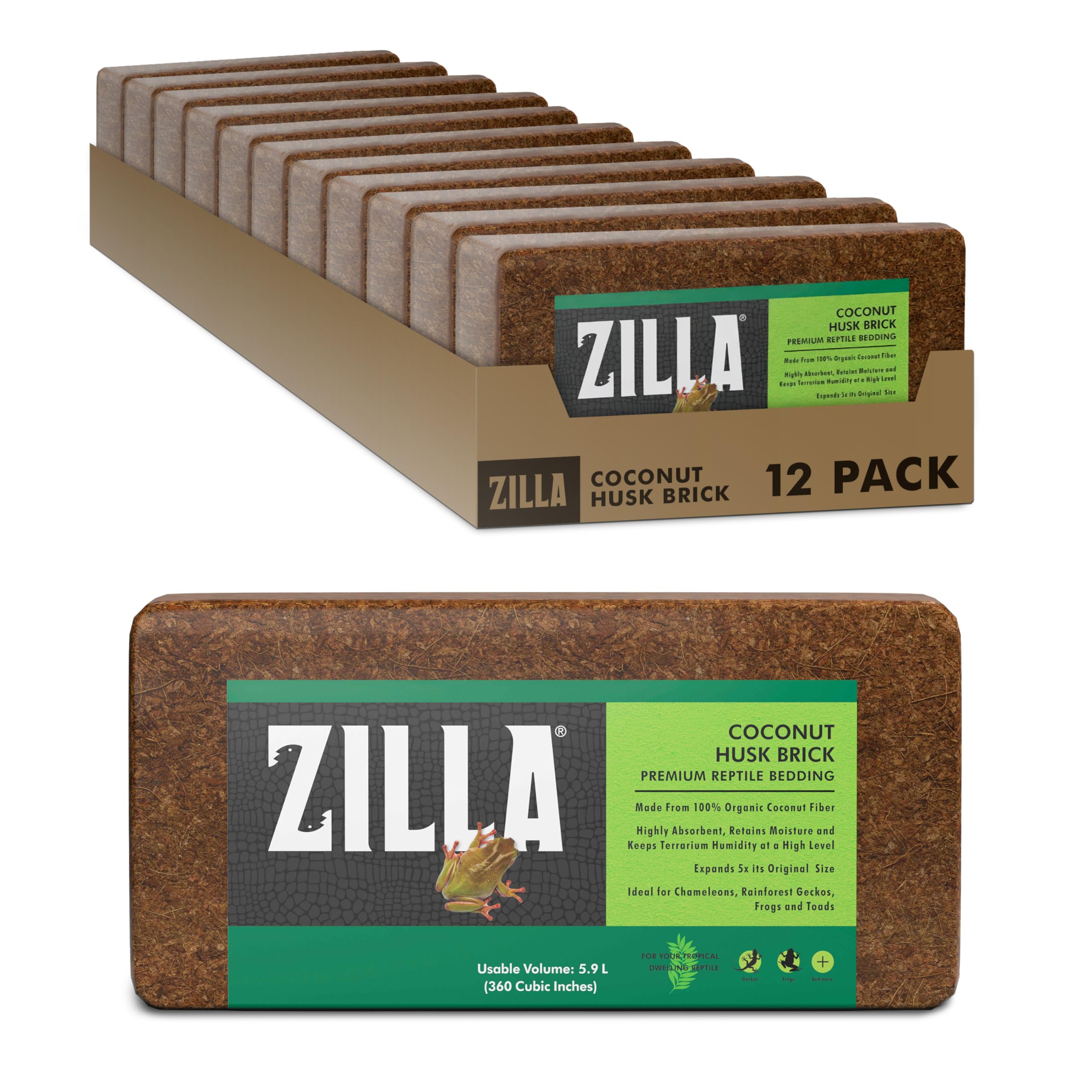 Zilla Coconut Husk Brick 12 Count, Organic Bedding for Reptiles, Made with 100% Coconut Fiber, Ideal for Tropical Habitats and E