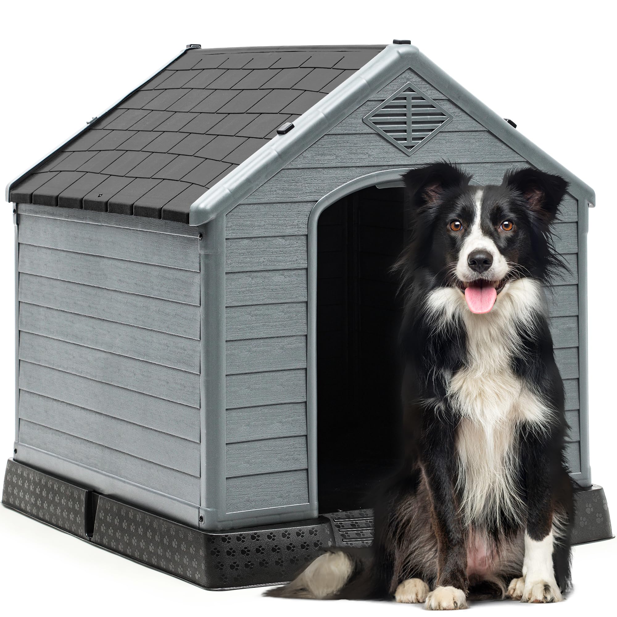 YITAHOME 34.5 Large Plastic Dog House Outdoor Indoor Doghouse Puppy Shelter Water Resistant Easy Assembly Sturdy Dog Kennel wi