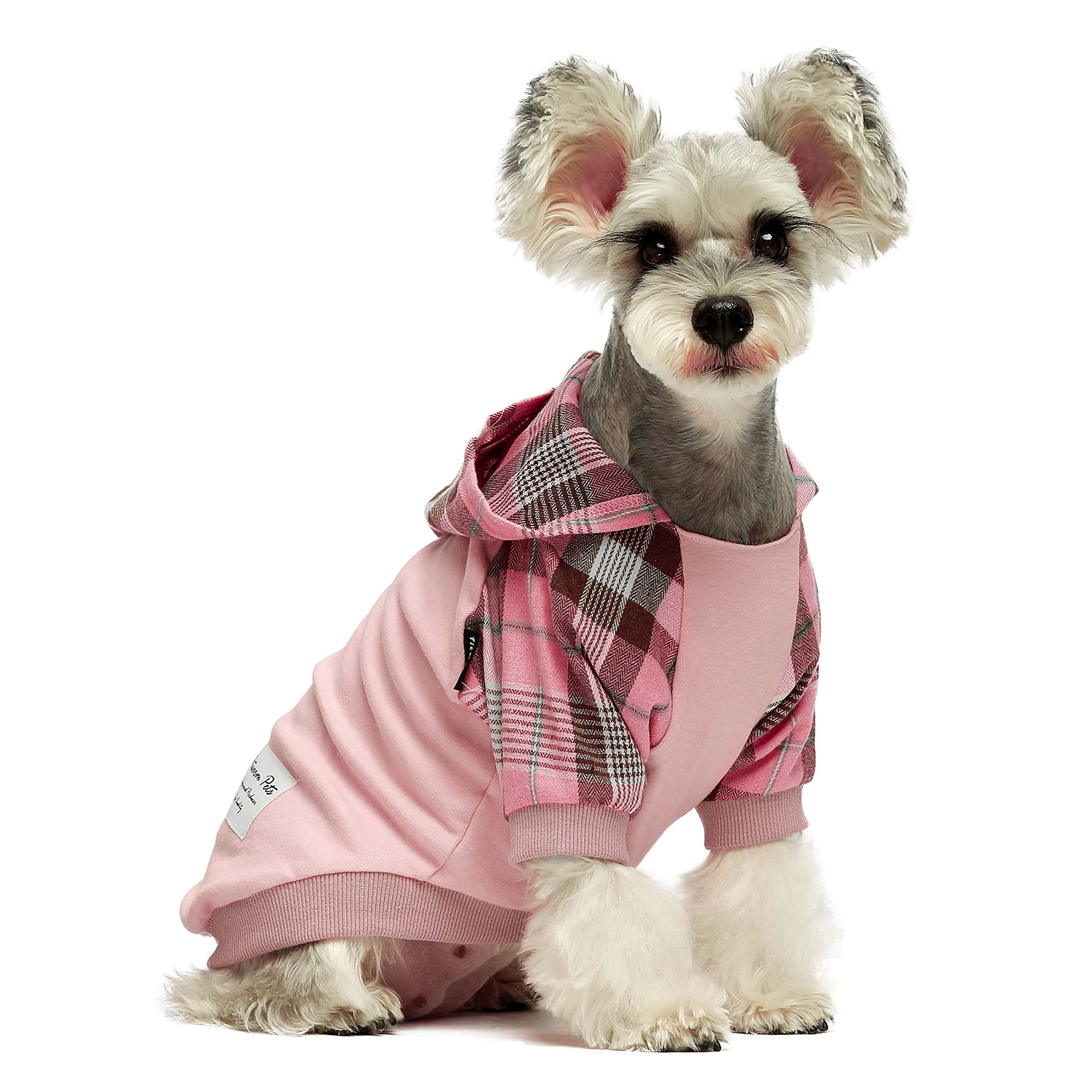 Fitwarm 100% Cotton Girl Plaid Dog Clothes Lightweight Puppy Hoodie Pet Sweatshirt Doggie Hooded Outfits Cat Apparel Pink Large