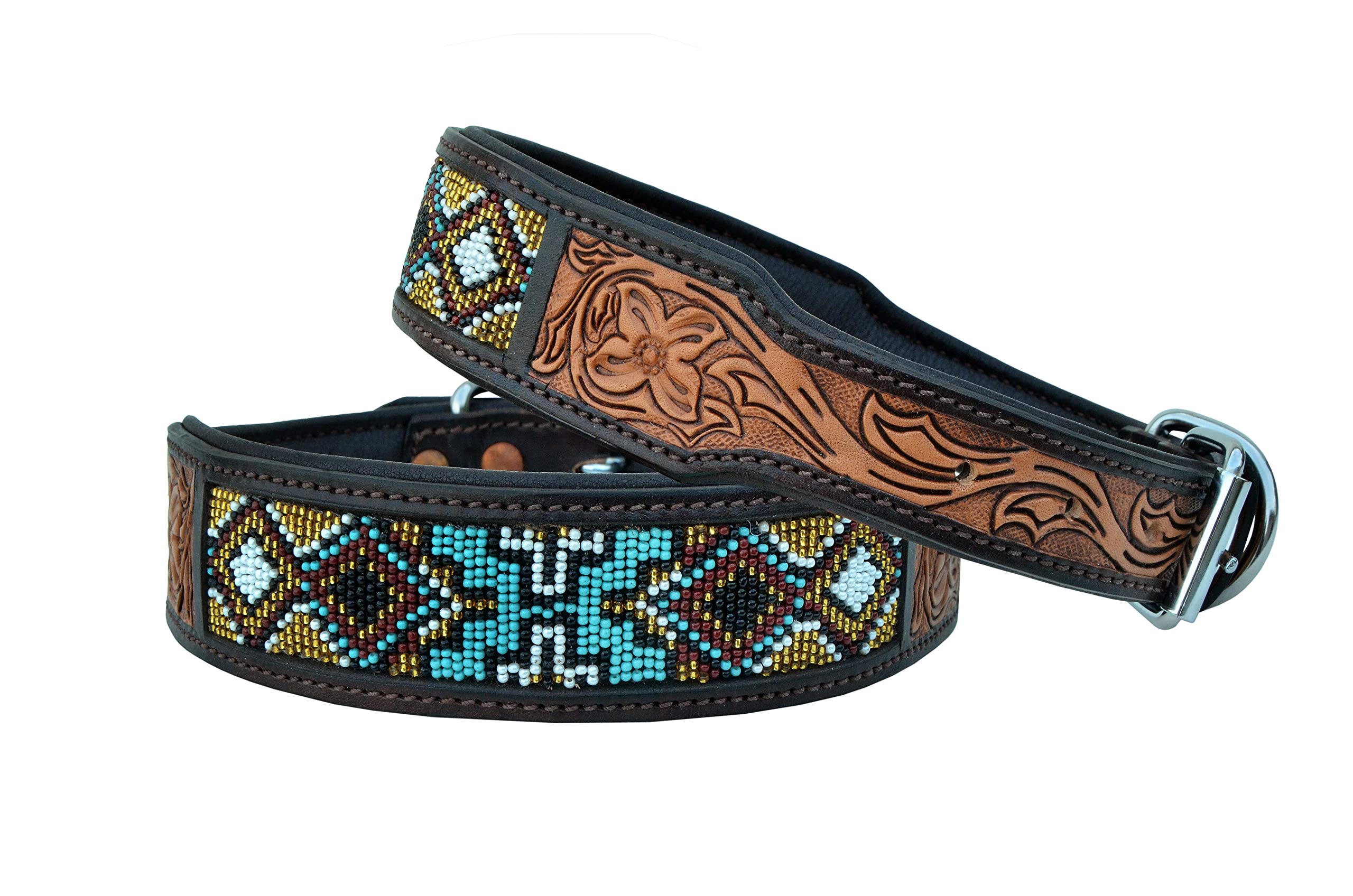 Affilare Western Style Genuine Leather Beaded Dog Collar Hand Tooled And Padded 10Ab018