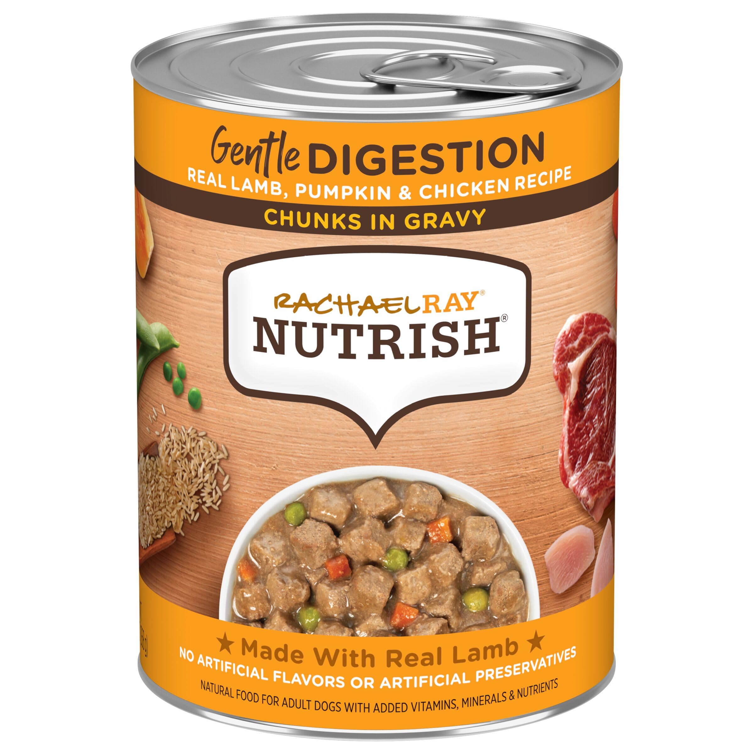 Nutrish Rachael Ray Chunks in Gravy Gentle Digestion Wet Dog Food, Real Lamb, Pumpkin & Chicken Recipe, 13 oz. Cans (Pack of 12)