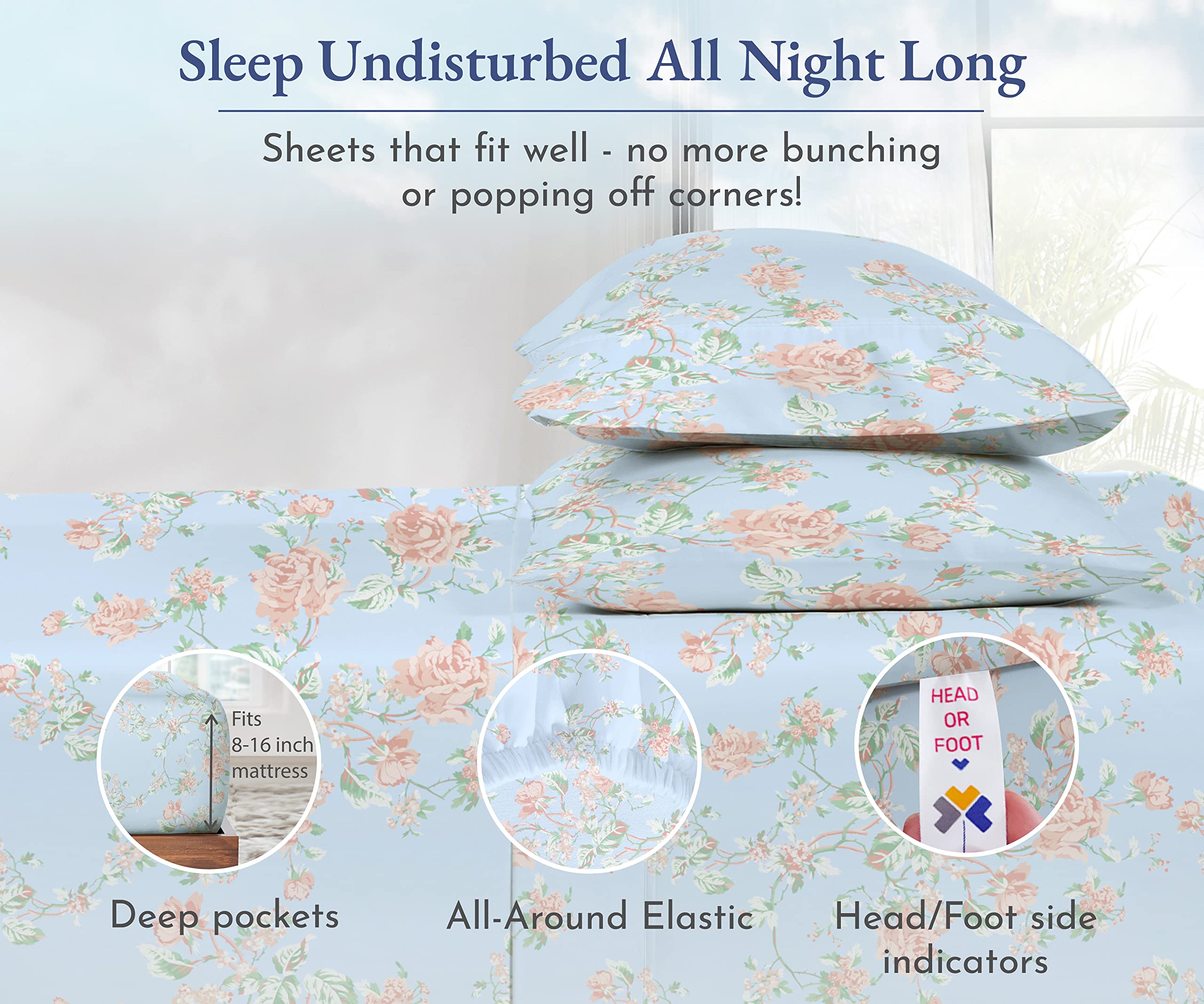 California Design Den Floral Sheets For Queen Size Bed, 4 Piece 100 Cotton Sheets Set, Luxury 400 Thread Count Sateen, Deep Pock