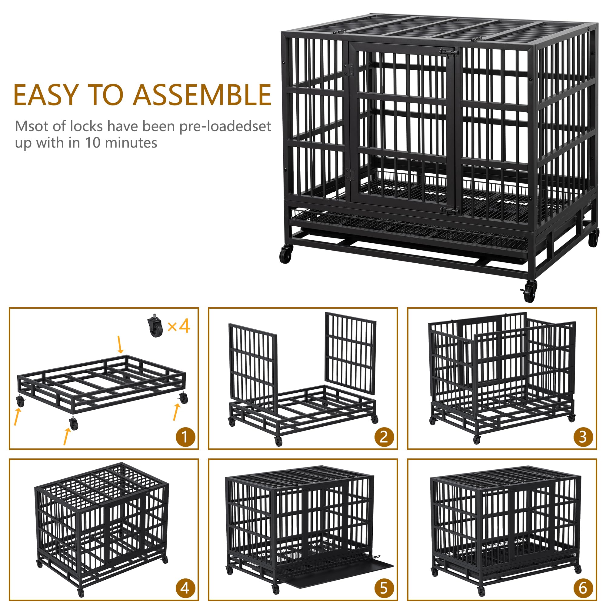Jy Qaqa 48/38 Inch Heavy Duty Indestructible Dog Crate Double Doors Escape Proof Cage Kennel,Enhanced Metal Pet Cage,Extra Large