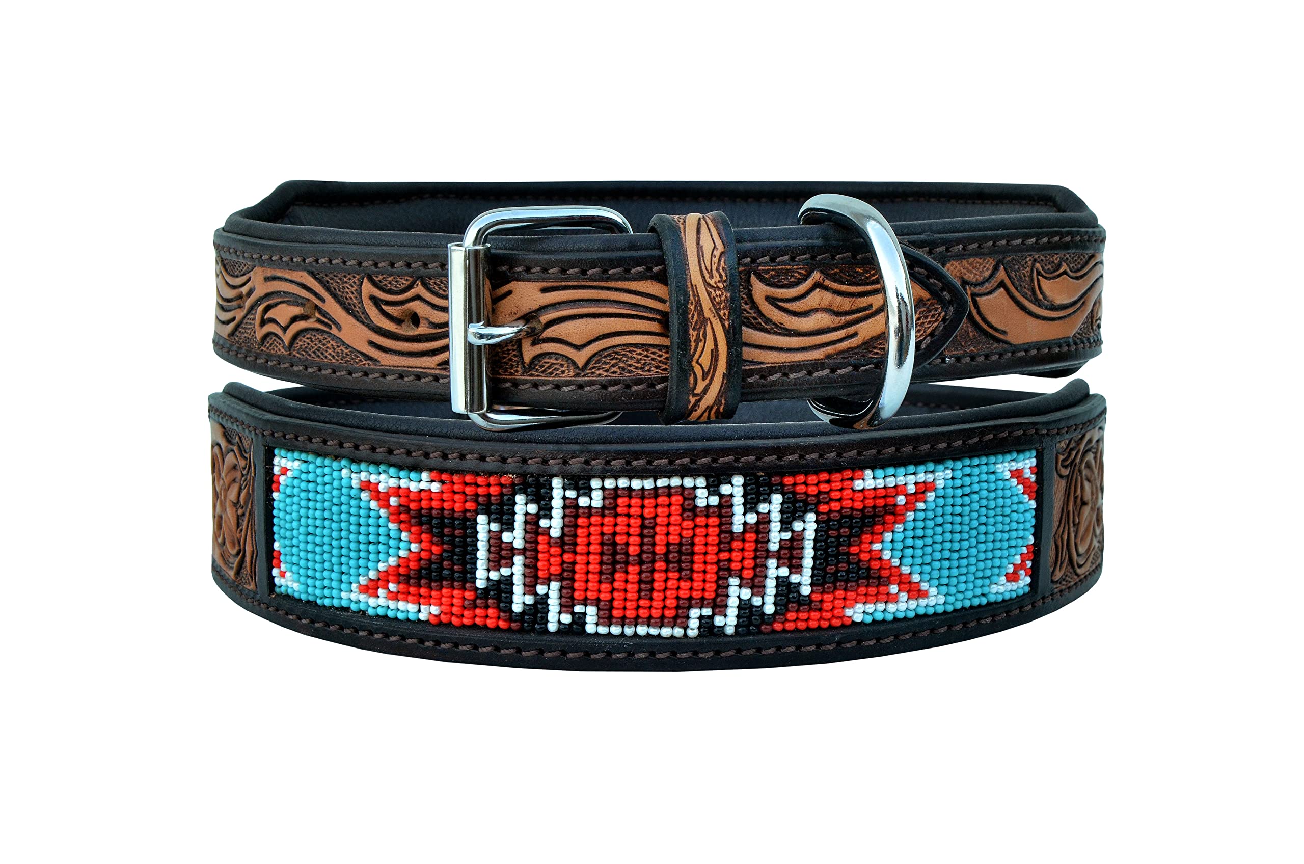 Affilare Genuine Leather Dog Collar Western Style Beaded Dog Collar Hand Tooled And Padded For Extra Comfort 10Ab008-Extra Small