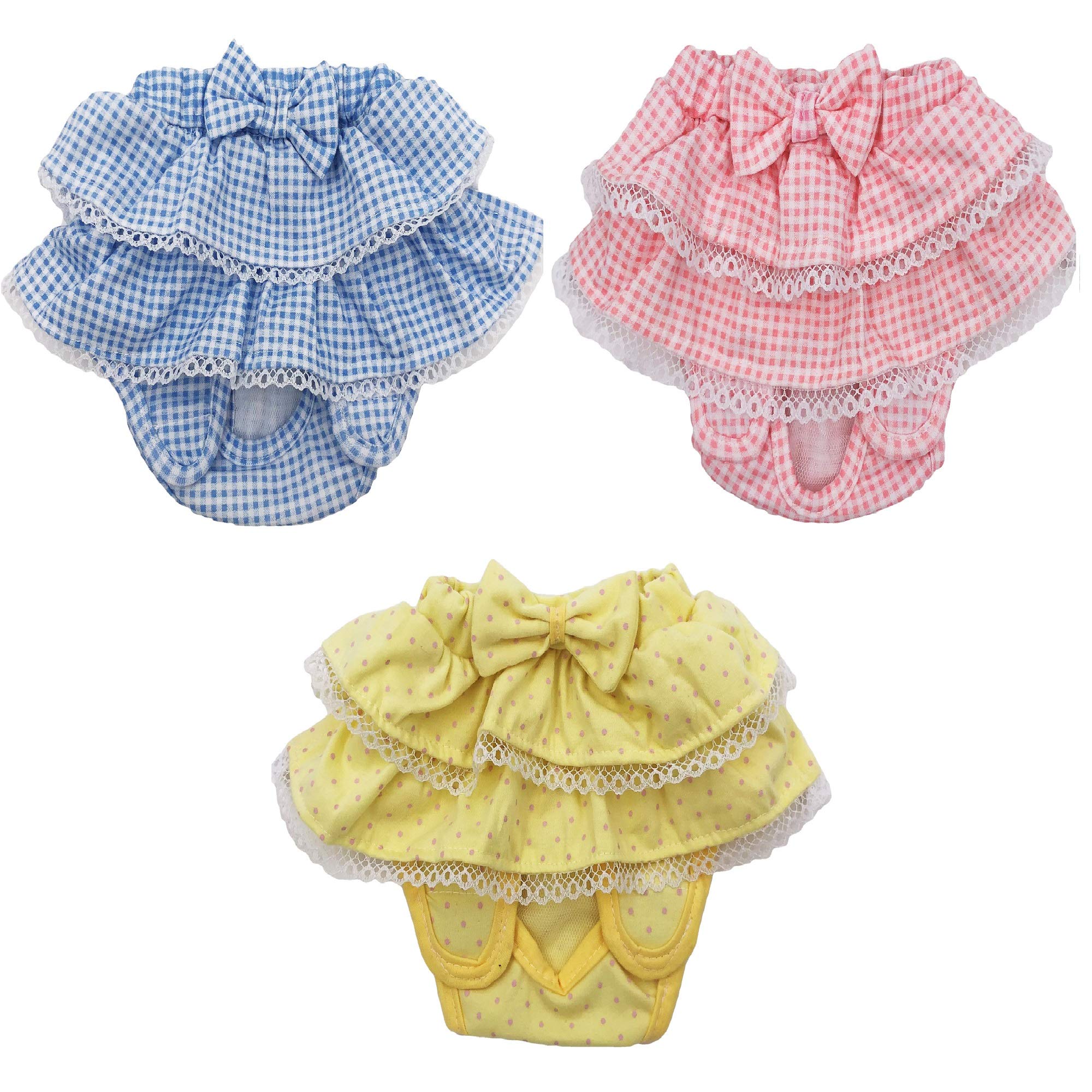 Funnydogclothes Dog Skirt Diaper Female Sanitary Pant Dress Ruffles Cotton Small Pet Cat (Medium: Waist 8' - 10', Pack Of 3 Colors)