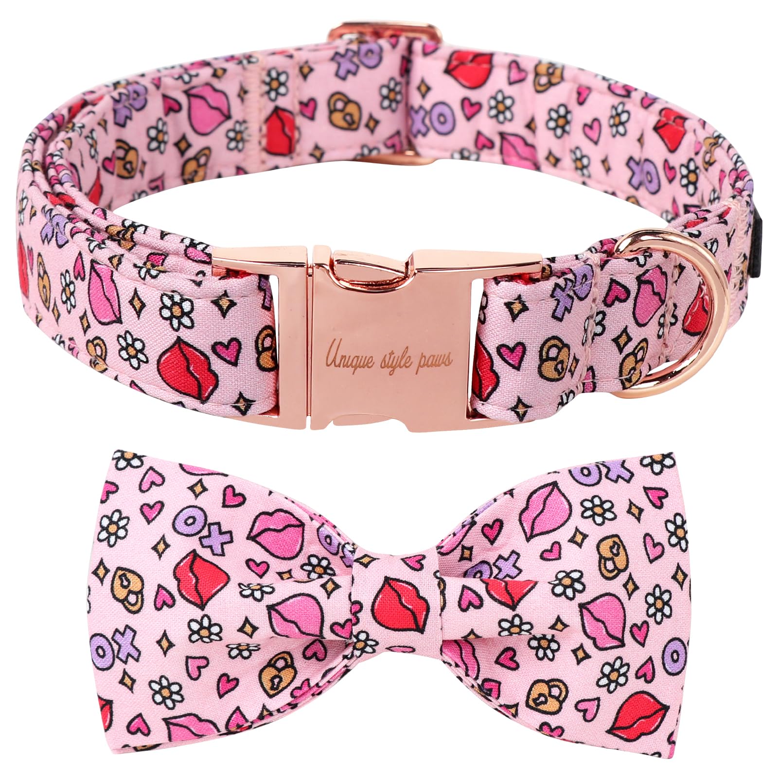 Unique Style Paws Valentine'S Day Dog Collar With Bow Tie Xo Red Lips Puppy Collar Best Gift For Small Medium Large Boys Girls-L