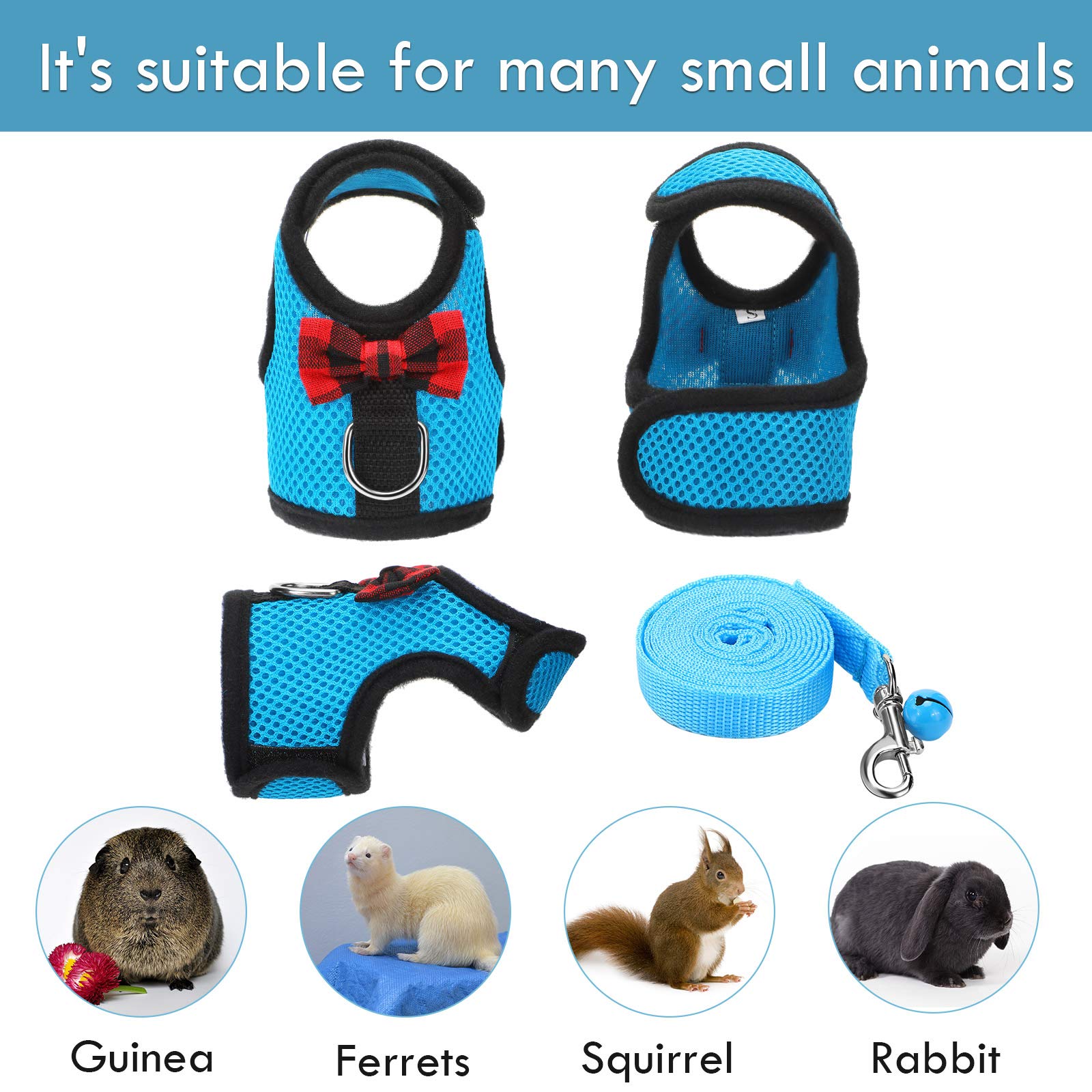 4 Pieces Guinea Pig Harness and Leash Soft Mesh Small Pet Harness with Bowknot Bell, No Pulling Comfort Padded Vest for Guinea P