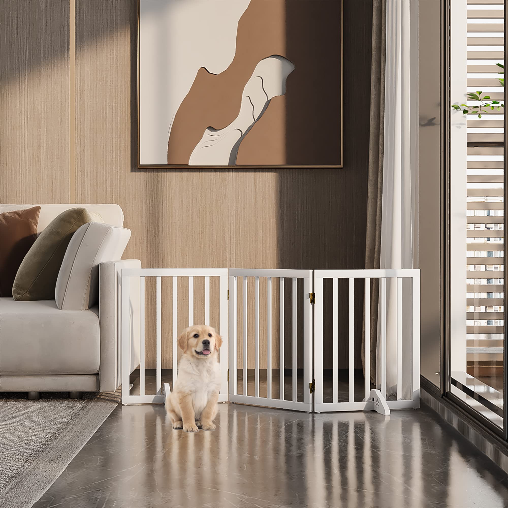 Freestanding Foldable Dog Gate for House - 3 Panels, 24 Tall, White Wooden Pet Gate for Doorways and Stairs With 2 Support Fee