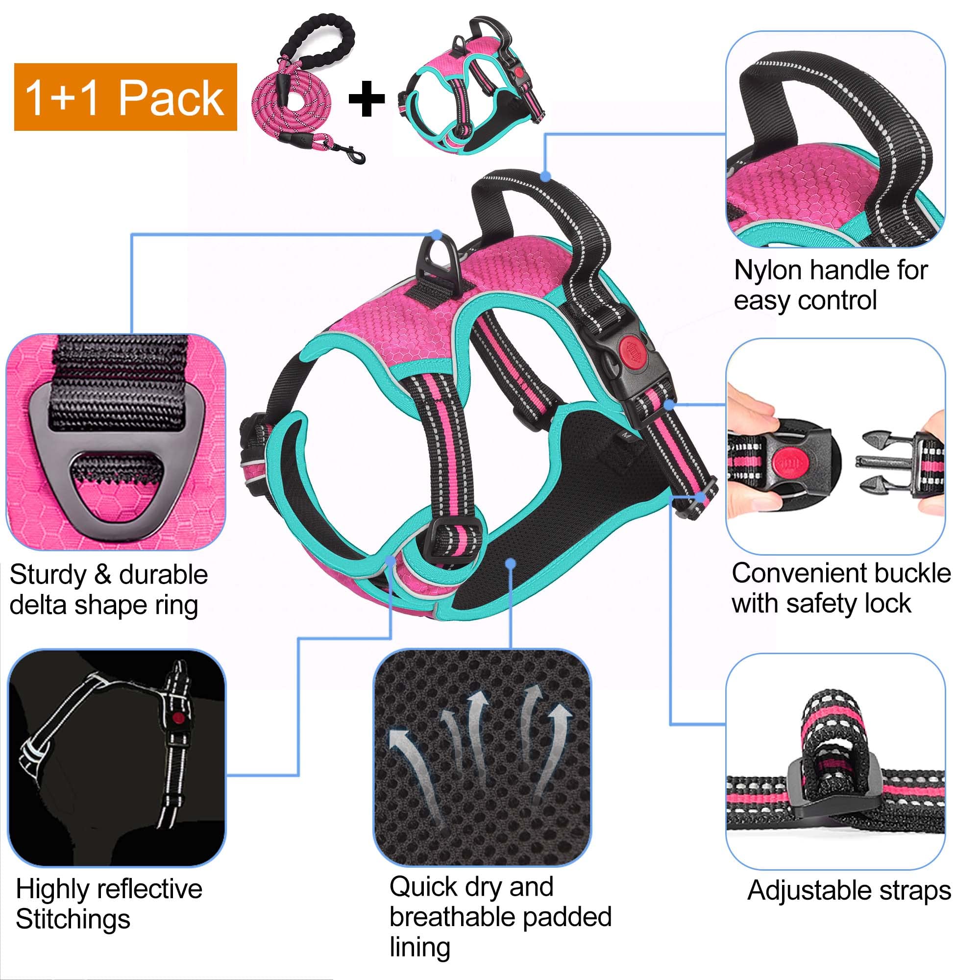 Tobedri No Pull Dog Harness Adjustable Reflective Oxford Easy Control Medium Large Dog Harness With A Free Heavy Duty 5Ft Dog Leash
