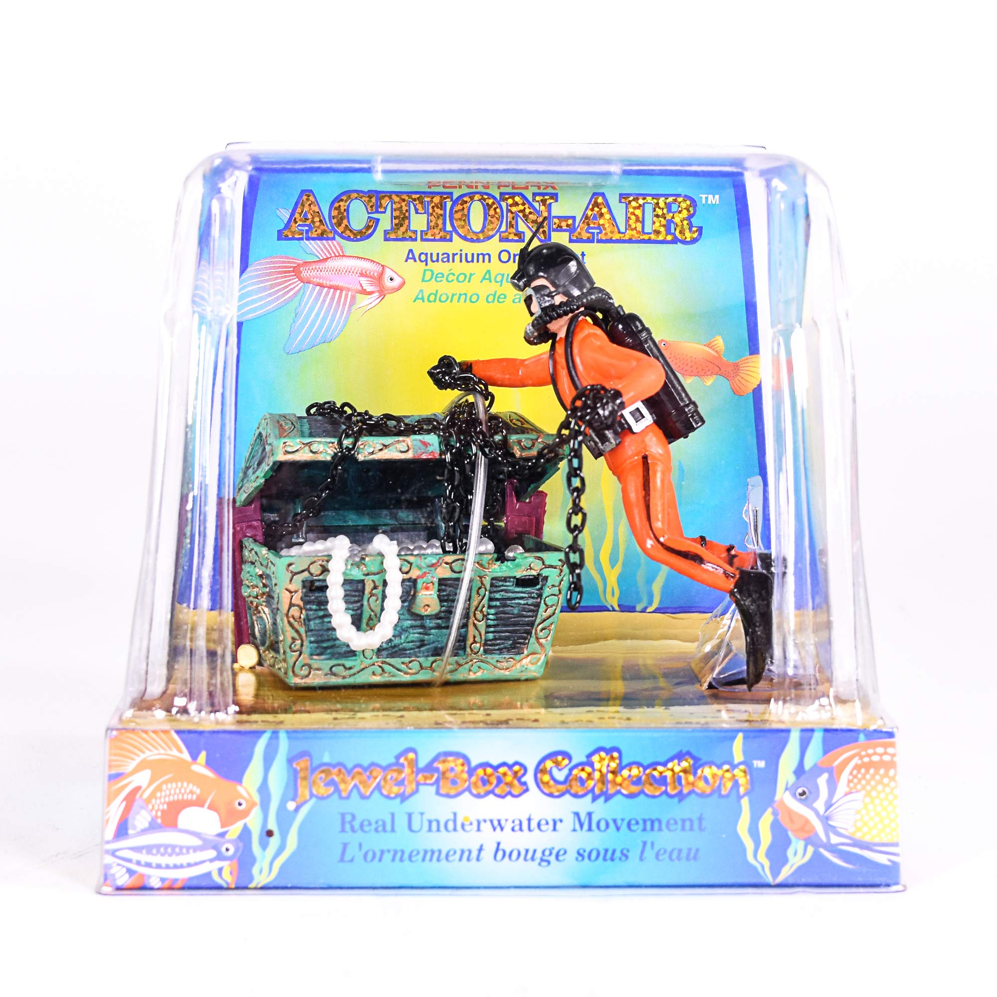 Penn-Plax Aquarium Decoration With Moving Treasure Chest, Floating Diver And Bubble Action, 4 Inches High