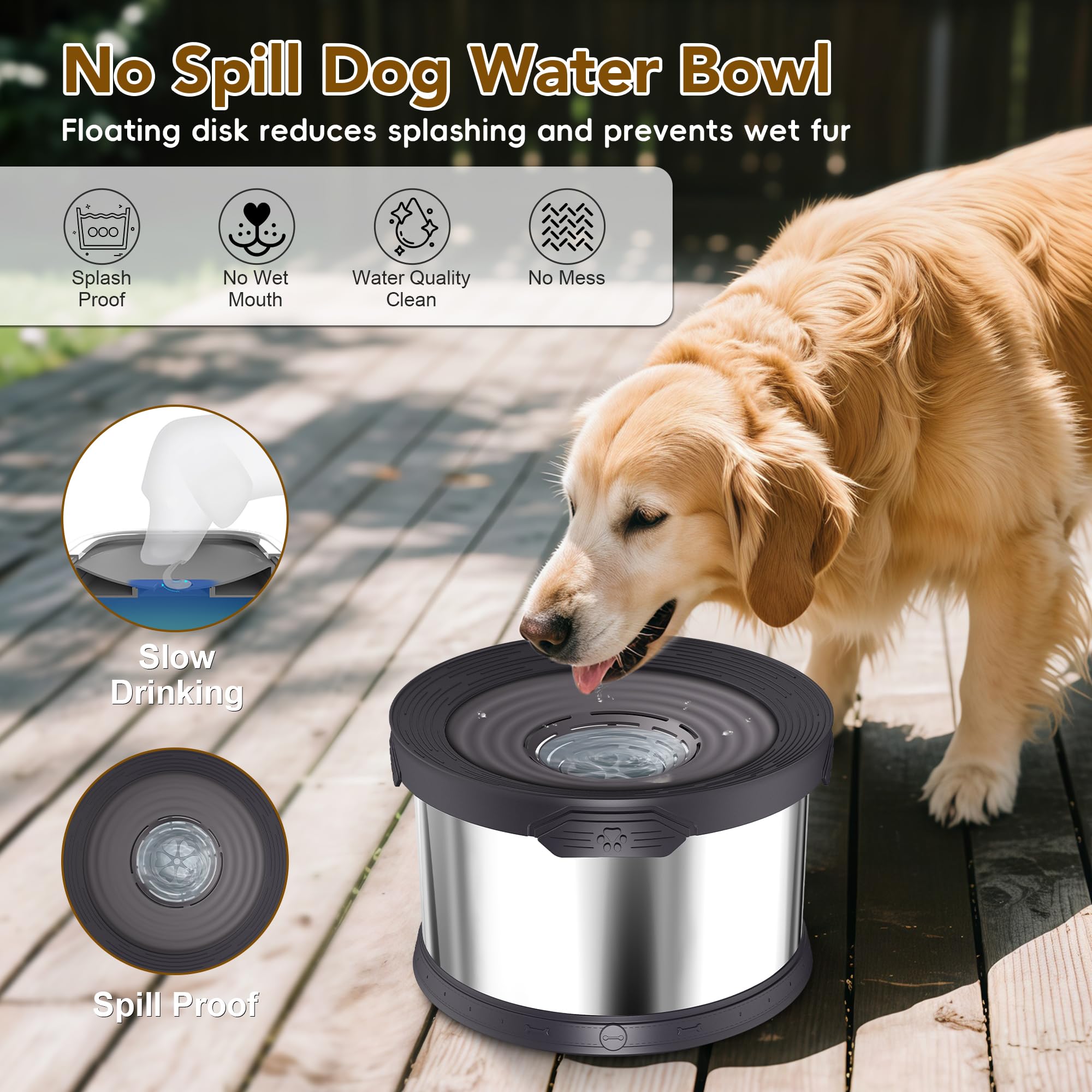 UPSKY Dog Water Bowl - No Spill, 8L Stainless Steel, Black, Anti-Splash, Large Capacity for Messy Drinkers, Model 302
