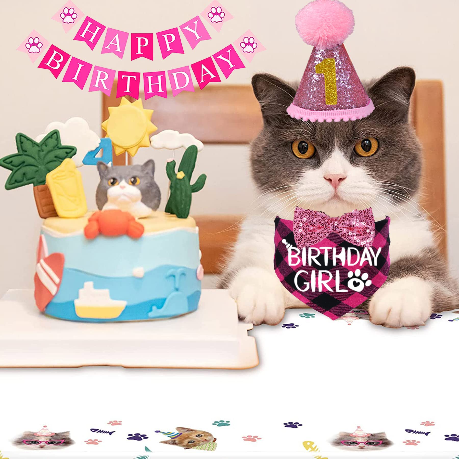 Stmk Cat Birthday Party Supplies, Cat Birthday Hat With Cat Birthday Bandana Bow Tie Collar Birthday Number Banner Cat Birthday Decorations For Cat Kitten Birthday Outfits (Pink)