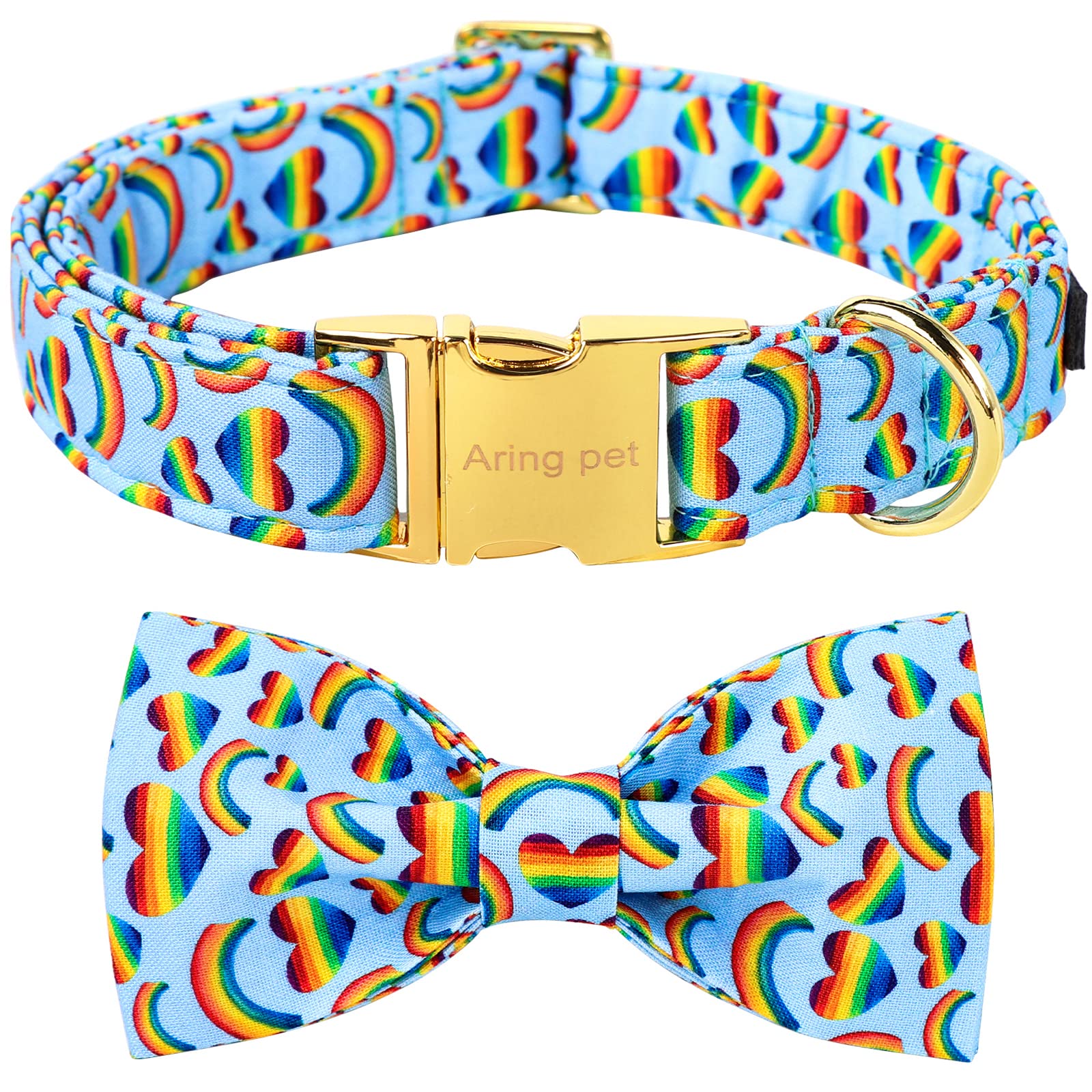 Aring Pet Lgbtq Dog Collar, Cotton Rainbow Heart Dog Collar With Bow, Adjustable Pride Dog Collar Bowtie With Metal Buckle For S