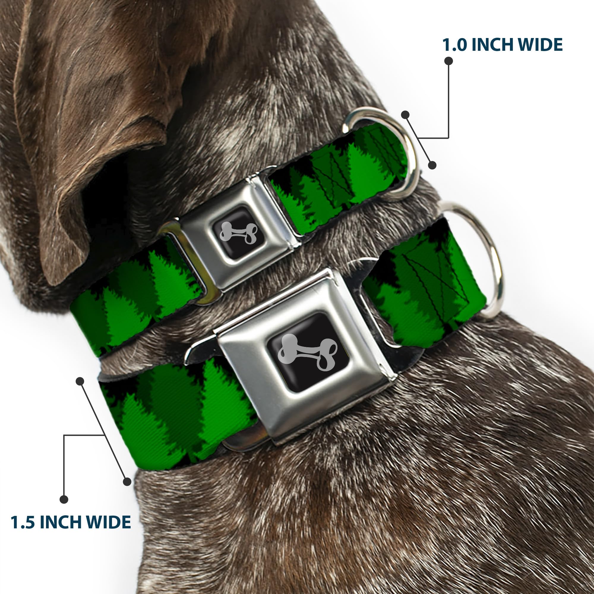 Dog Collar Seatbelt Buckle Pine Tree Silhouettes Black Greens 13 To 18 Inches 1.5 Inch Wide, Dc-W34291-Ws