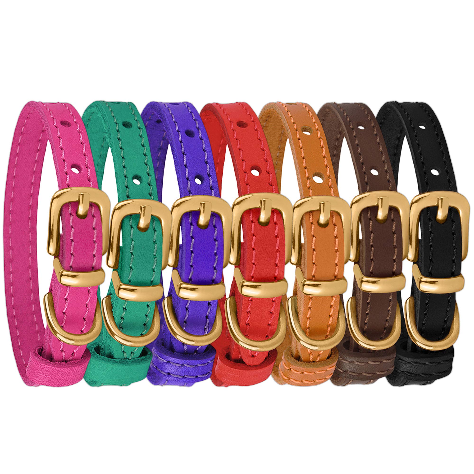 Bronzedog Leather Cat Collar With Bell Non Breakaway Kitten Qr Tag For Girl Boy (7'' - 9'' For Cats, Green & Gold)