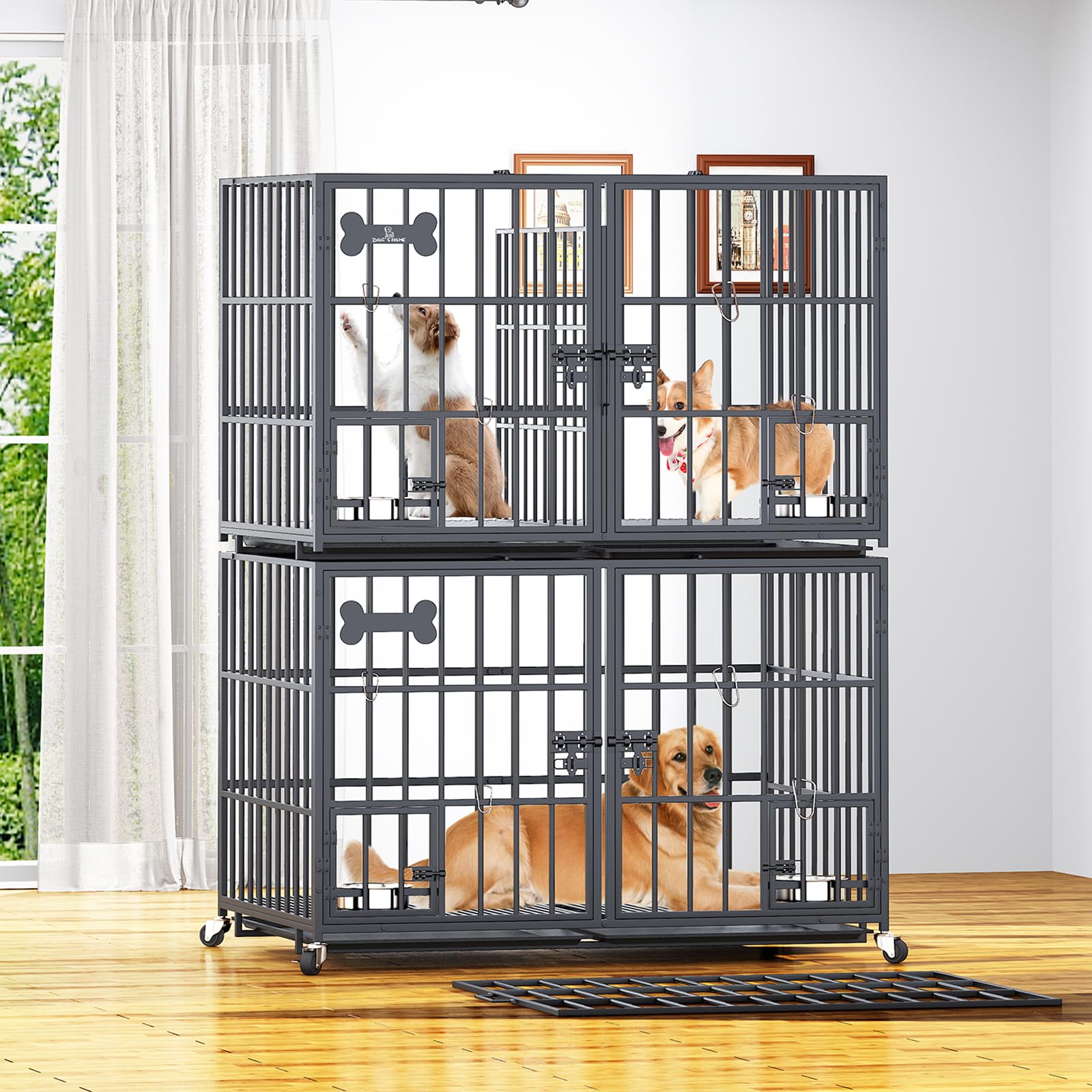 Aboxoo 42 Inch Stackable Heavy Duty Metal Dog Crate For 4 Dogs/Large Dog,All Metal Open Top Access,Escape Proof Cage,Dog Kennel