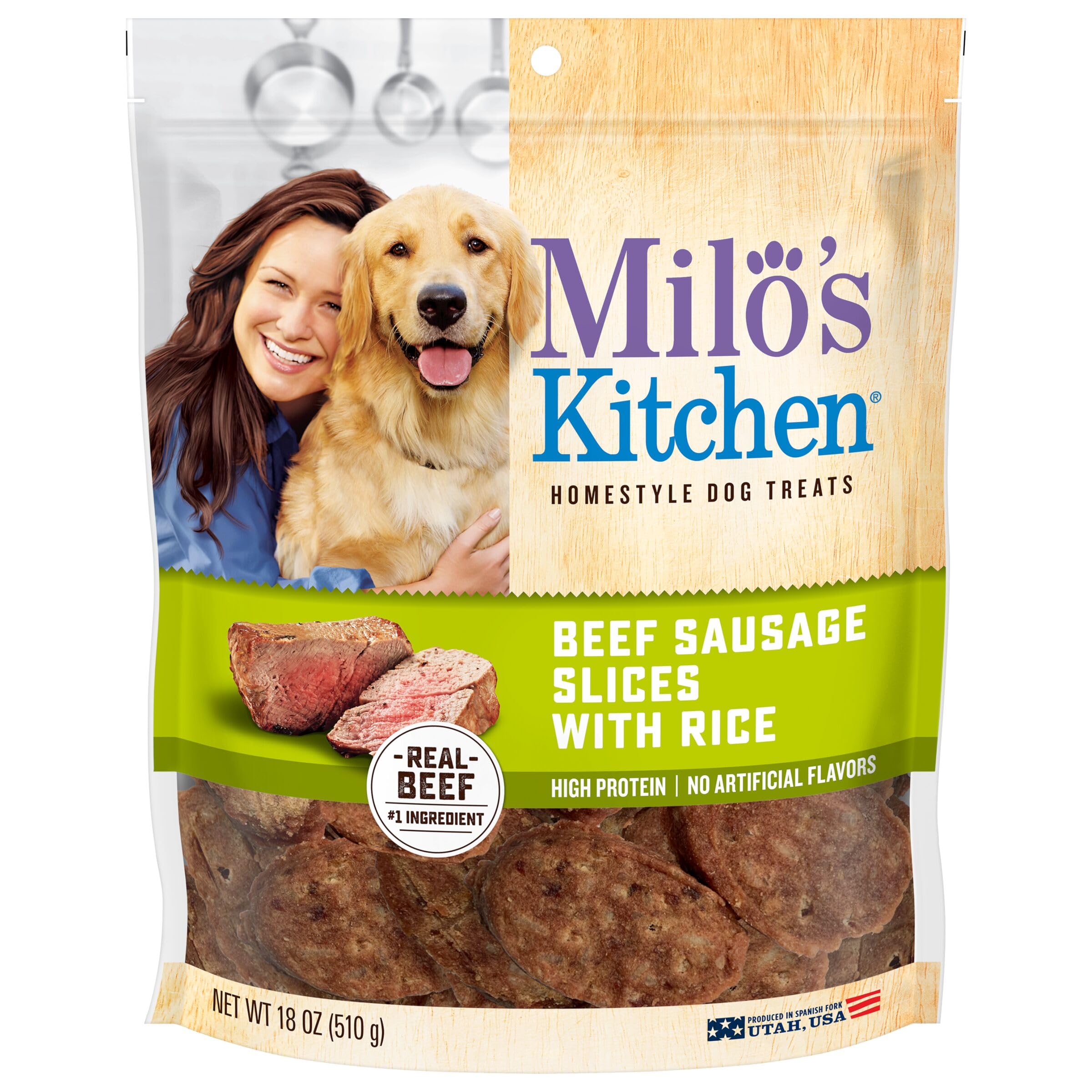 Milos Kitchen Homestyle Dog Treats, Beef Sausage Slices, 18 Ounce, High Protein, No Artifical Flavors