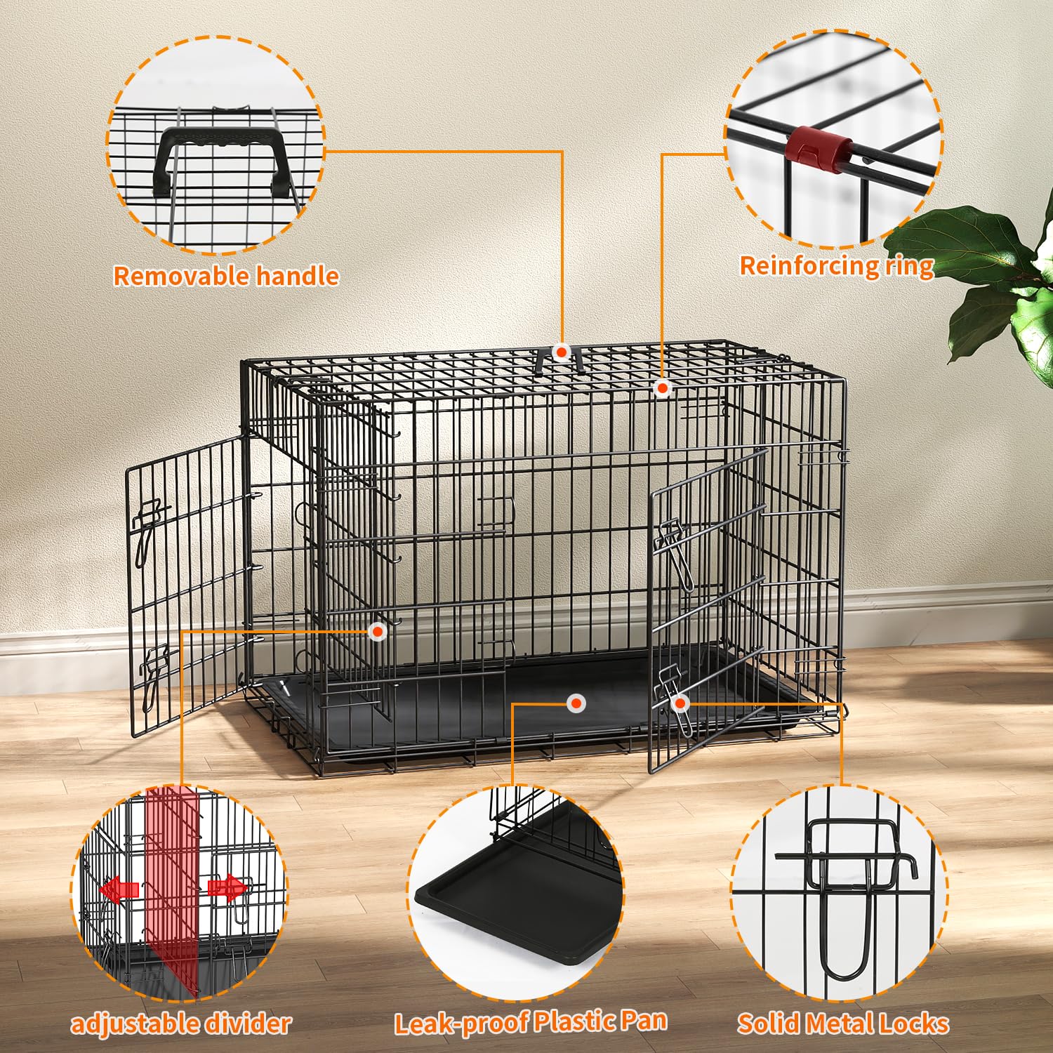 FDW Dog Crate 36-Inch Dog Cage Single Door Foldable Metal Kennel with Leakproof Tray Foldable Design Indoor Outdoor Use for Medi