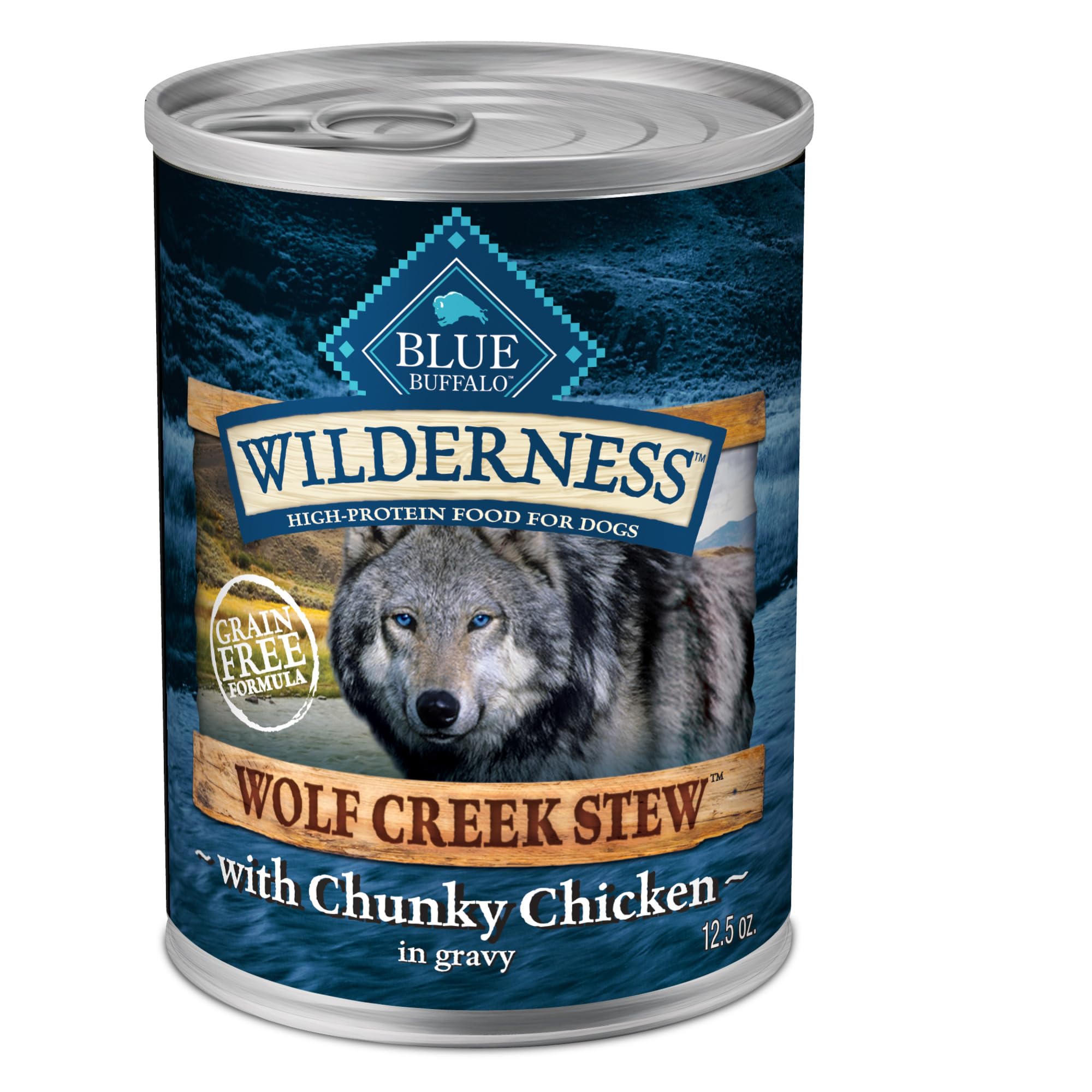 Blue Buffalo Wilderness Wolf Creek Stew High Protein, Natural Wet Food for Dogs, Hearty Chicken Stew in Gravy, 12.5-oz cans, 12 