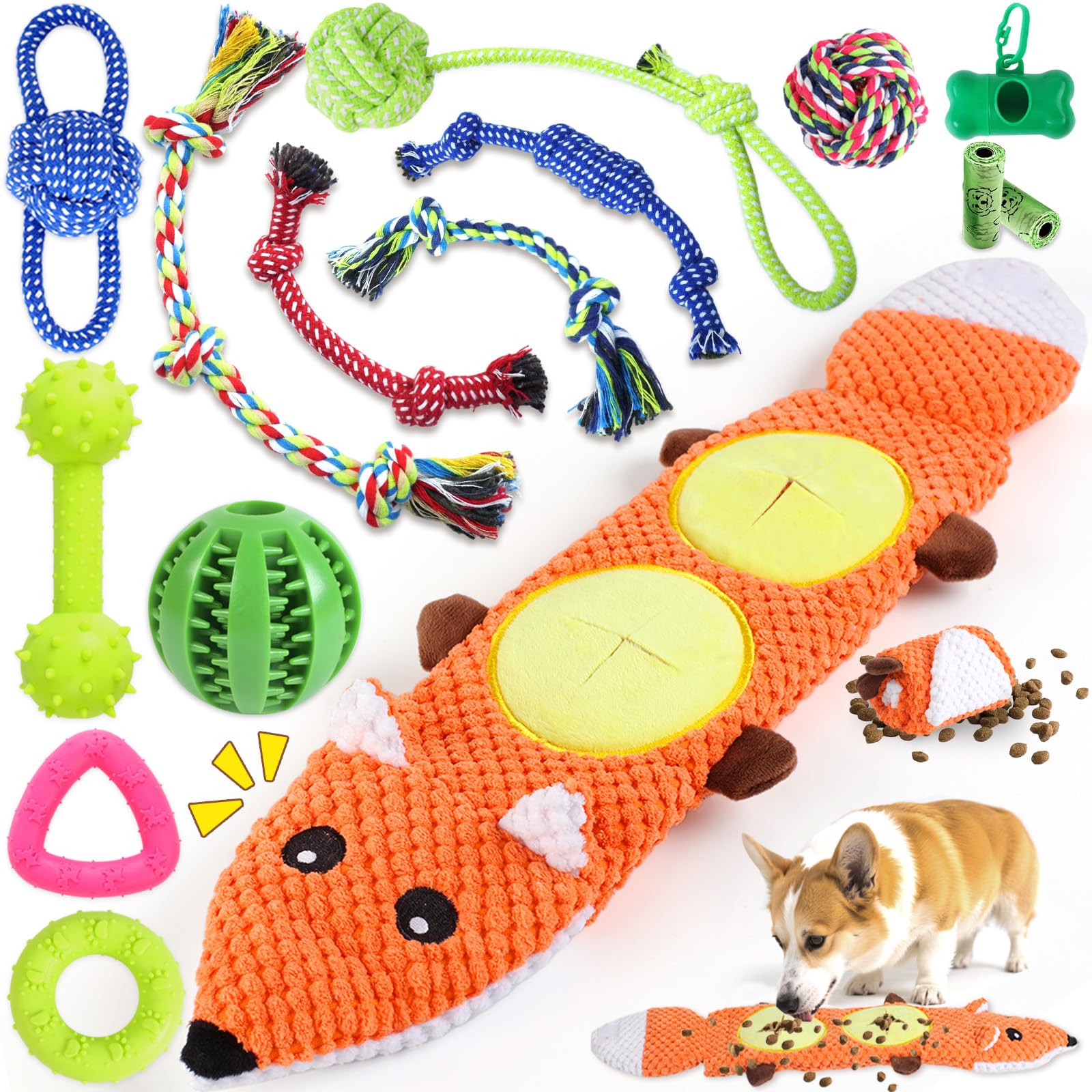 MRSOHRET 15 Pack Dog Toys, Dog Puzzle Toy Puppy Chew Toys for Teething, Dogs Essentials Toy Bundle with No Stuffing Squeaky Toy,