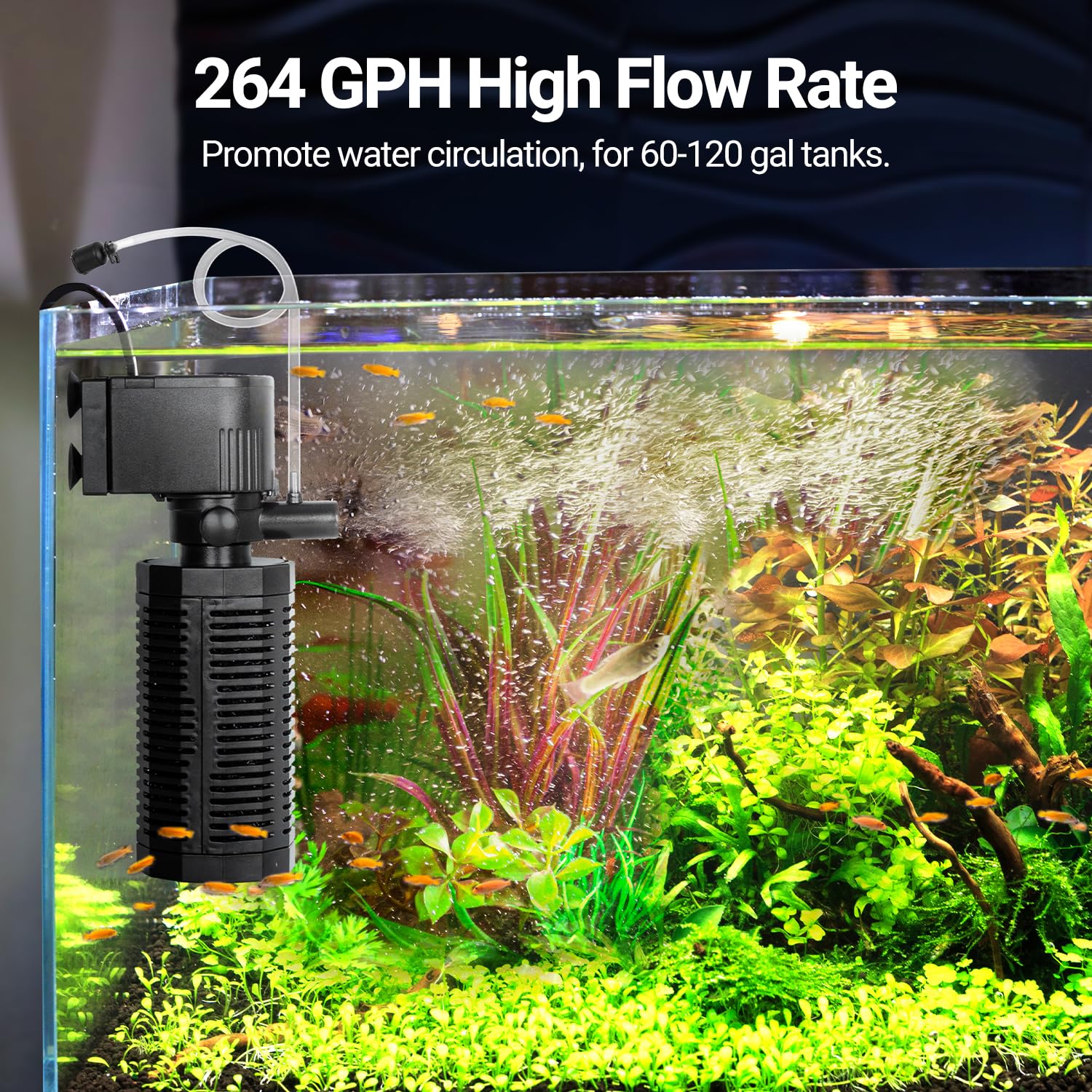 Yaubay 18W Aquarium Internal Filter for 55-120 Gallon Tanks, Silent Submersible, Black, Model MF02-C10-US, 264 GPH