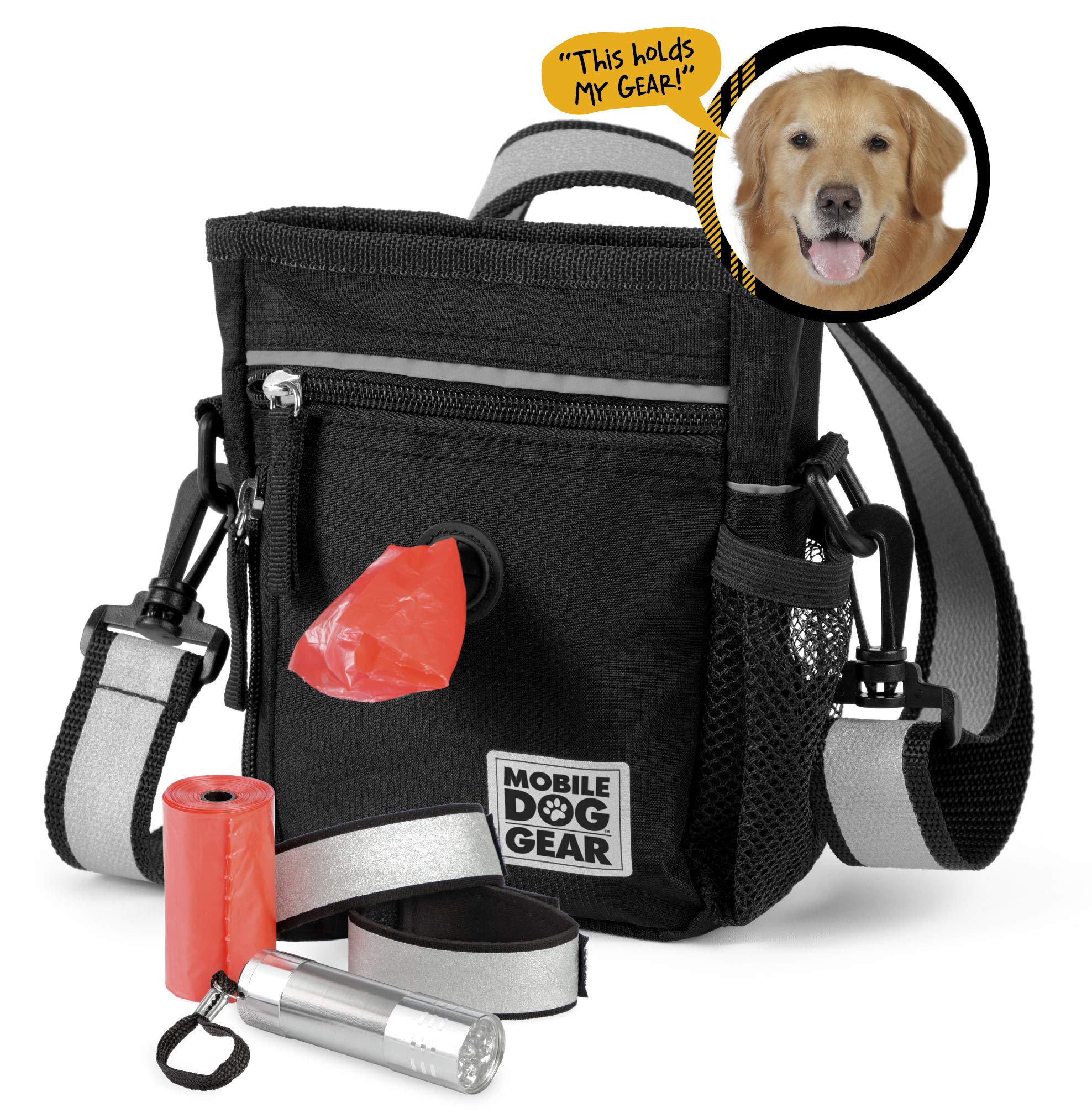 Mobile Dog Gear, Small Dog Walking Bag, Day or Night Reflective, 6 by 7 Inches