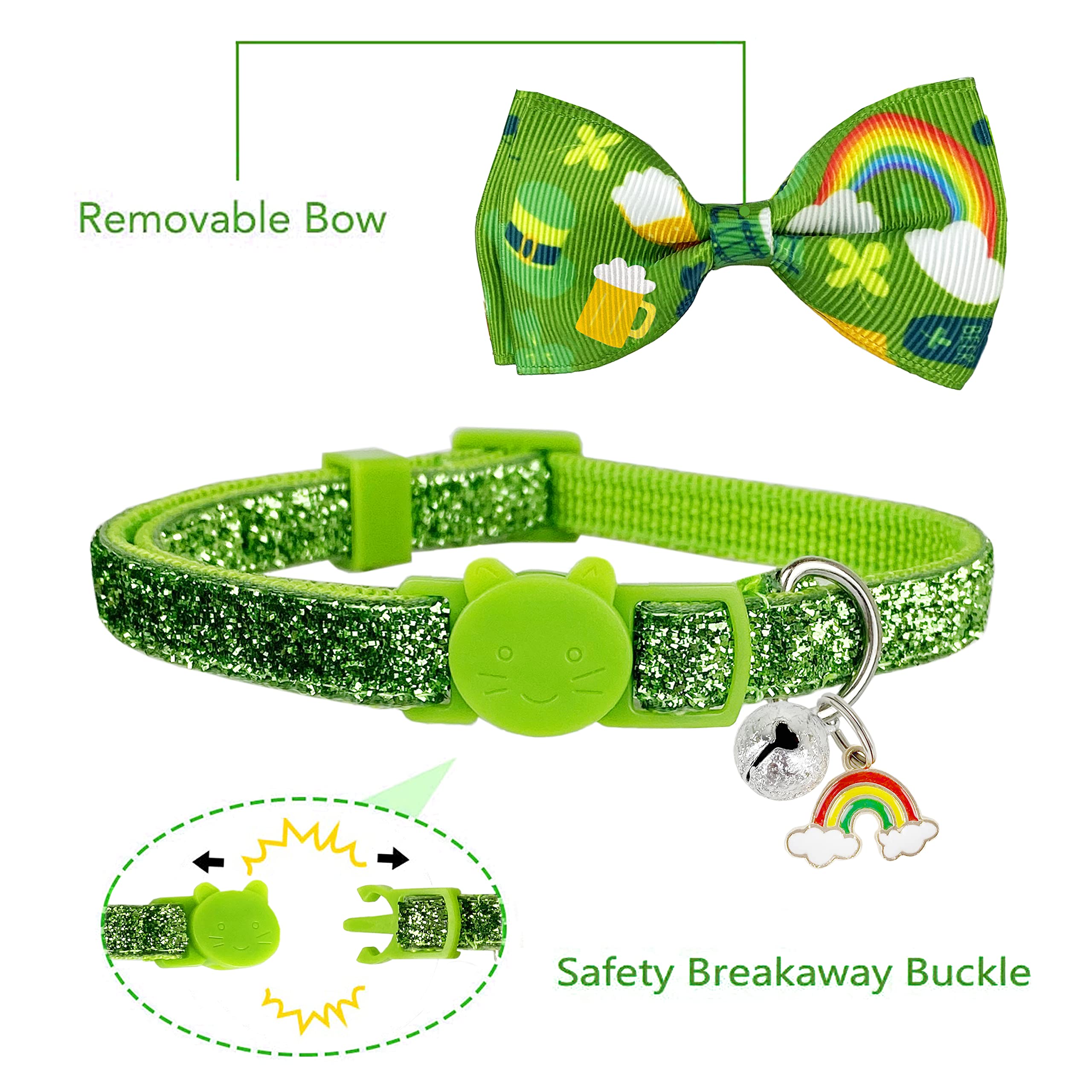 Pohshido 2 Pack St. Patrick'S Cat Collar With Bow Tie And Bell, Kitty Kitten Breakaway Lucky Irish Shamrock Collar For Girls And