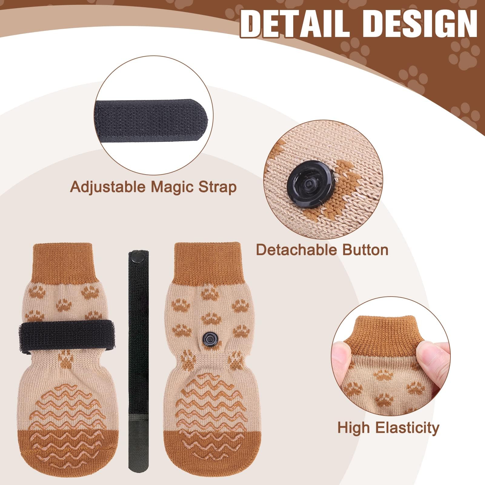 EXPAWLORER Anti-Slip Dog Socks - Medium Brown Paw Protectors for Hot/Cold Pavement, Prevents Licking & Slipping