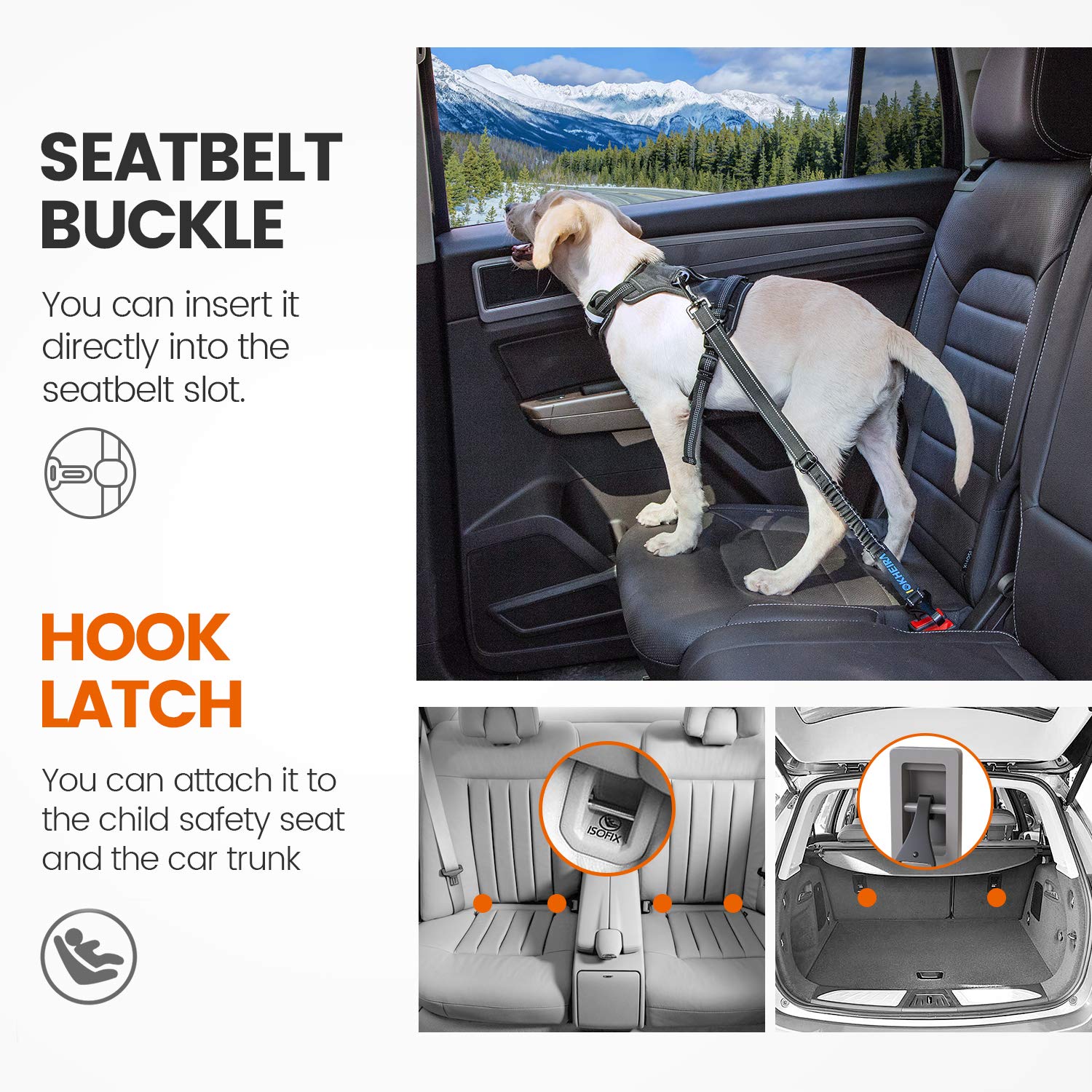 Iokheira Dog Seatbelt, Updated Adjustable Harness Reflective Bungee Dog Car Seat Belt With Aviation Aluminum Alloy Rotatable Carabiner, Hook & Buckle