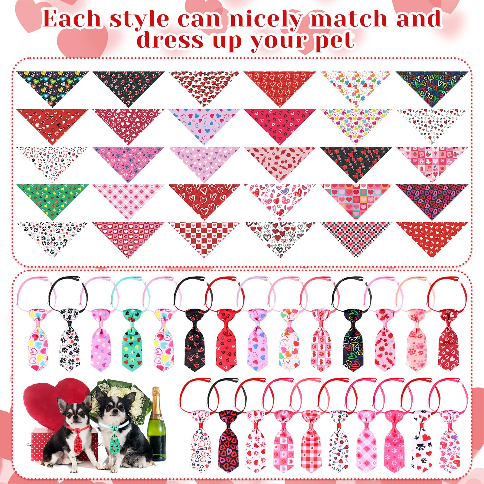 Reginary 108 Pcs Valentine'S Day Dog Bandanas Bulk Dog Neck Ties Set Adjustable Washable Pet Triangle Red Pink Heart Medium Smal