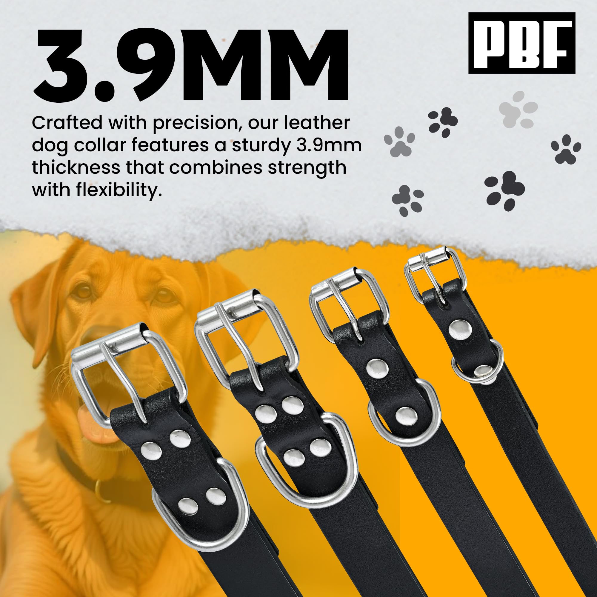 Pbf Genuine Leather Dog Collar - Heavy Duty, Thick And Durable Collar For Small, Medium, Large, And Extra Large Dogs (Black, Med