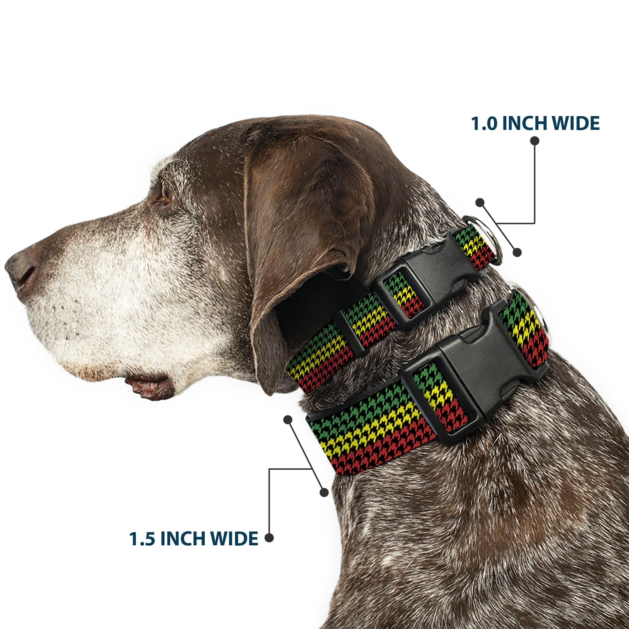 Buckle-Down Plastic Clip Collar - Houndstooth Black/Rasta - 1' Wide - Fits 9-15' Neck - Small