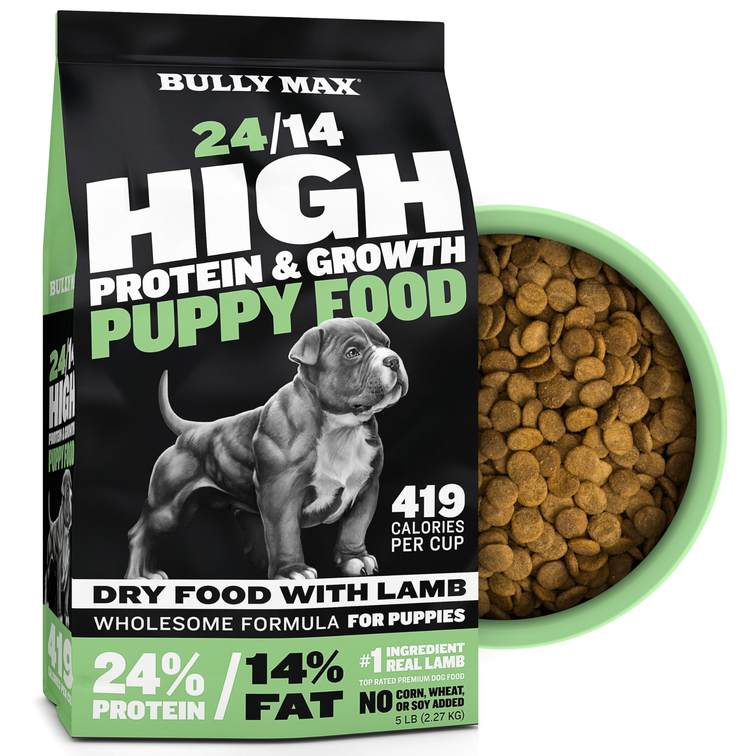 Bully Max Puppy Food 24/14 High Protein & Growth Formula - Dry Dog Food with Lamb and Rice for Small Dogs and Large Breed Puppie