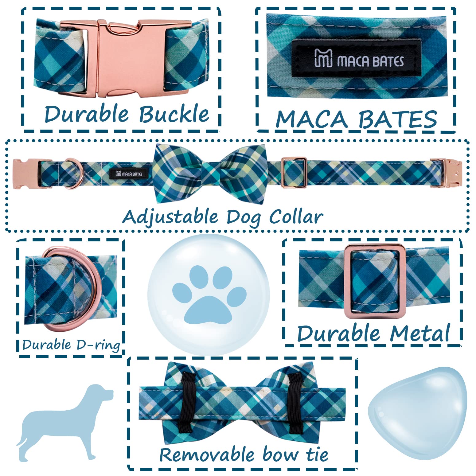 Maca Bates Plaid Blue Dog Collar With Checkered Bow Bowtie For Grid Dogs Bows Tie Adjustable Breakaway Collars Birthday Gift Col