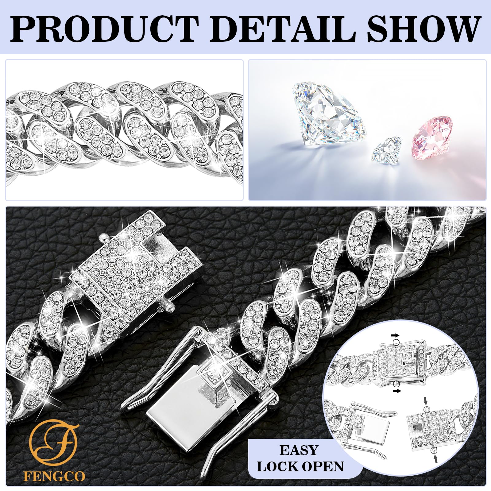 Fengco Silver Dog Chain Collar Diamond Cuban Link 13Mm Wide Dog Necklace Metal Cat Chain Pet Crystal Collar Jewelry Accessories
