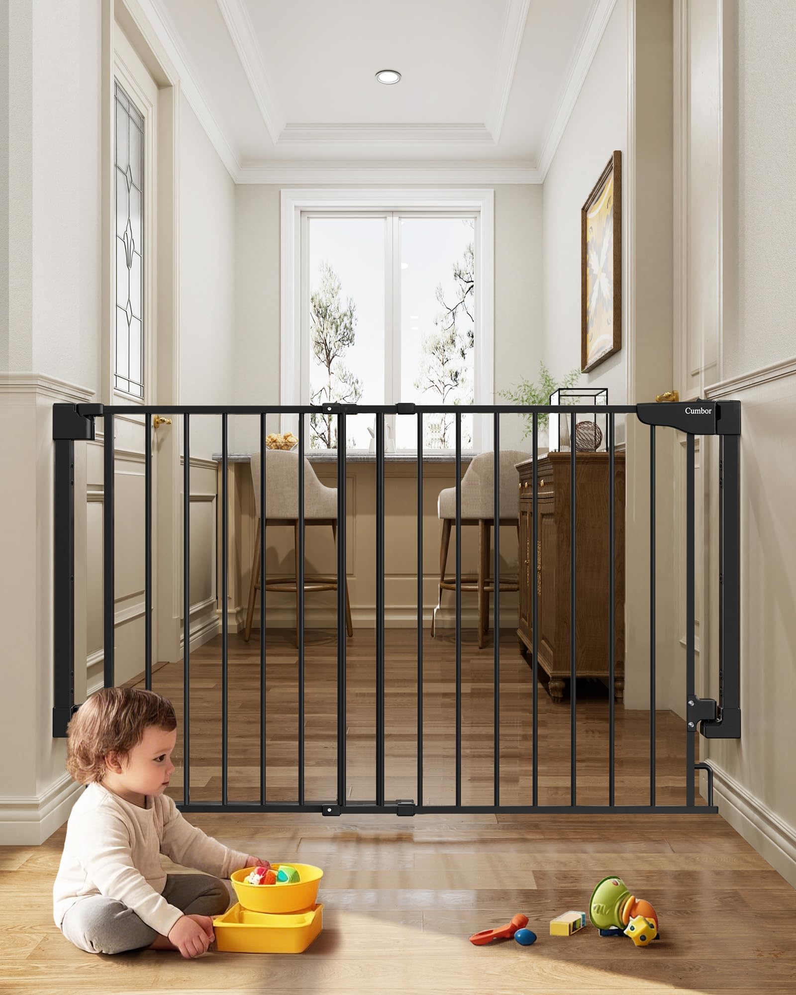 Cumbor Expandable 31.6-48 Baby Gate for Stairs, Wall-Mounted, 2-in-1 No Bottom Bar Dog Gate Indoor, Pet Gate for Doorways with L