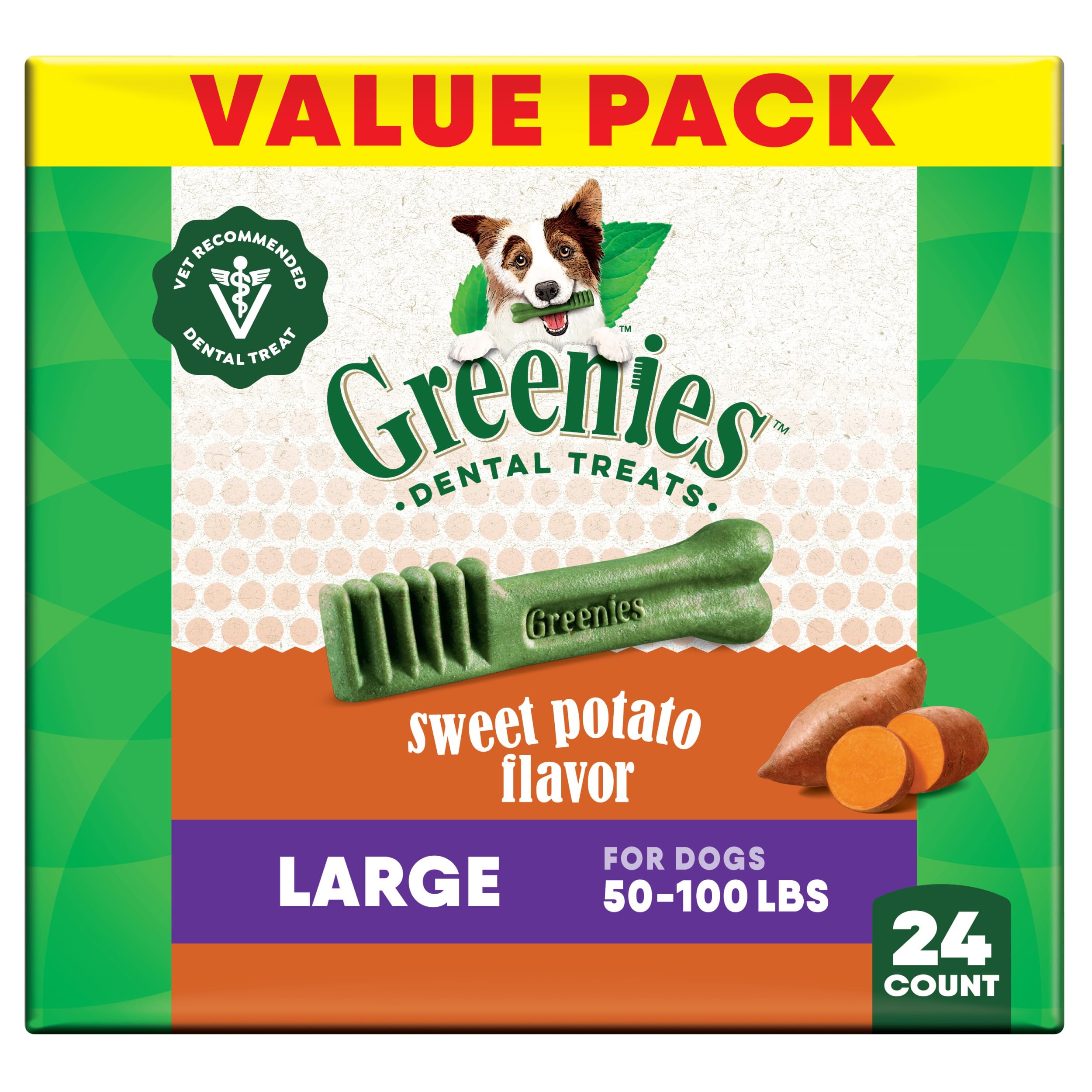Greenies Large Dental Dog Treats, Sweet Potato Flavor, 36 oz. Pack (24 Treats)