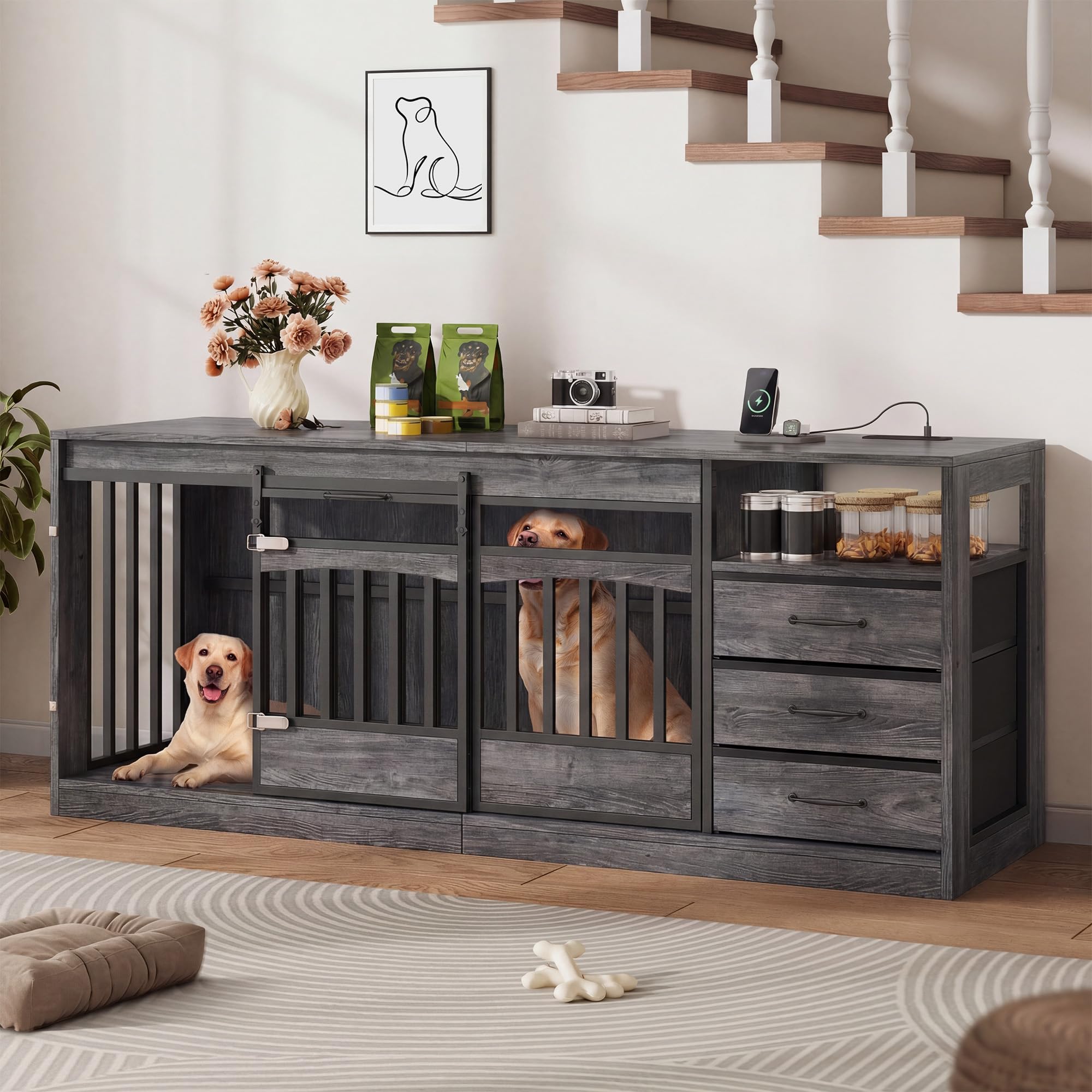 Homiflex 68.9 Large Dog Crate Furniture with 3 Storage Drawers Farmhouse Dog Kennel TV Stand Indoor for Large Medium Dogs Decora