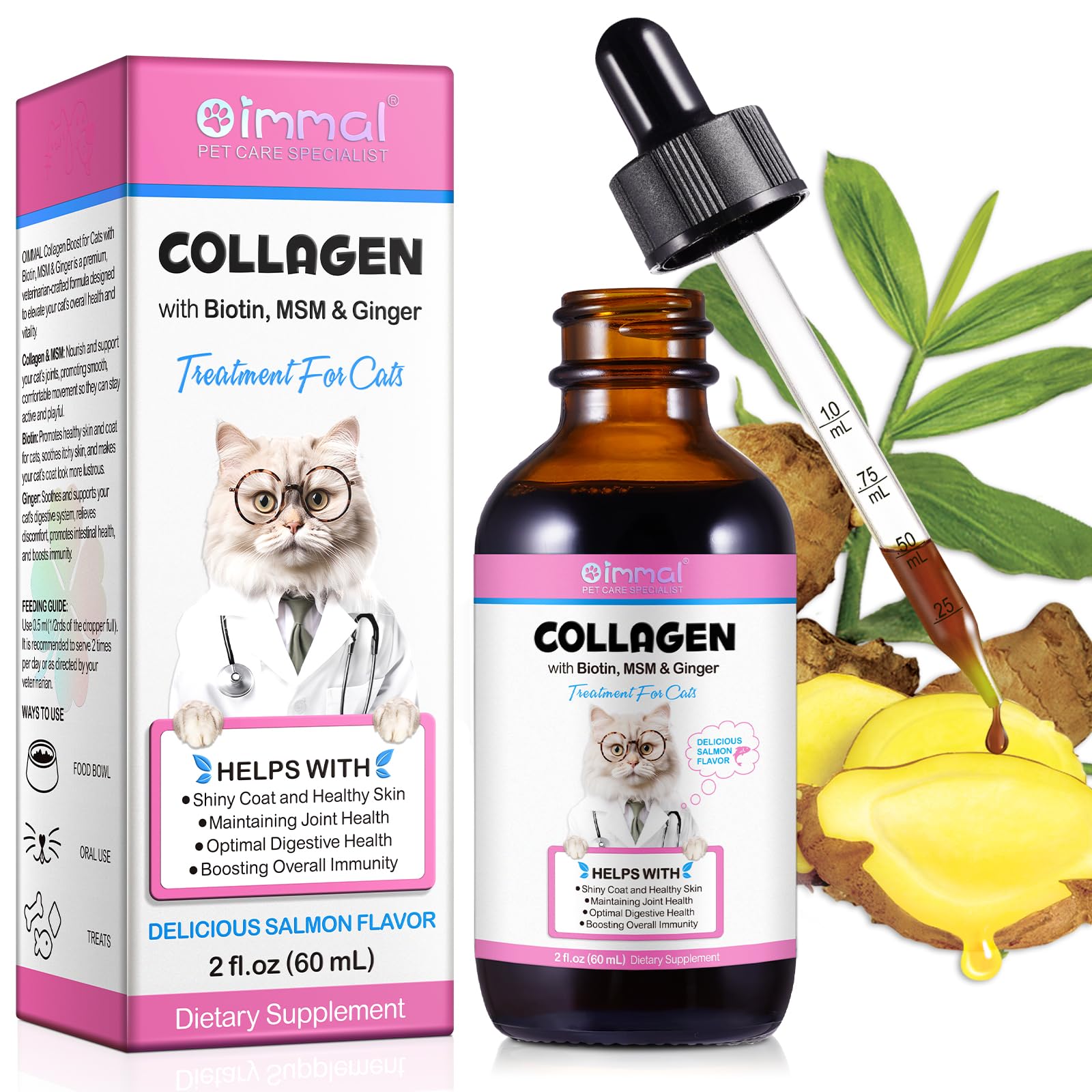 Collagen for Cats, Cat Collagen Liquid Drops, Liquid Collagen for Cats with Biotin, MSM & Ginger Digestive & Immunity Support, I