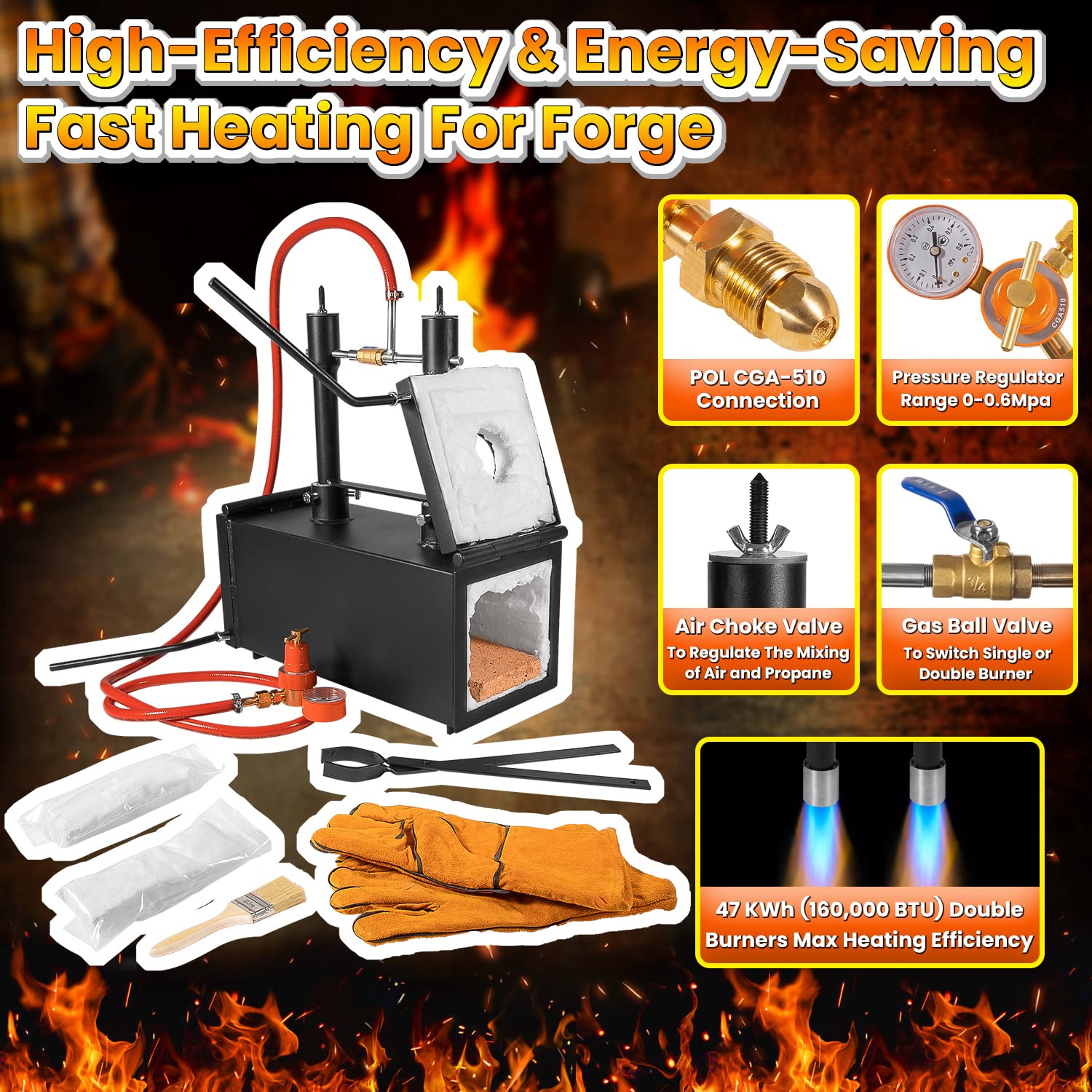 Portable Propane Gas Forge Double Burner 2700F/1482? Large Capacity Square Forging Furnace For Blacksmithing Farrier Knife Tool