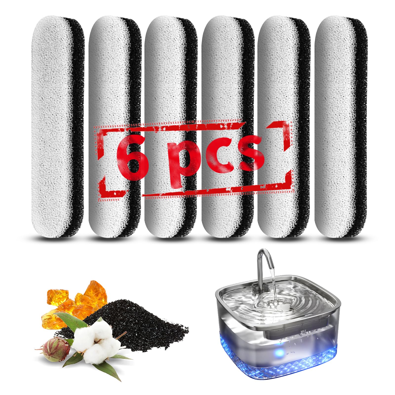 Cat Water Fountain Filters, 6 Packs/Box Replacement Filters for MAILOFY WF220 Automatic Cat Water Fountain 75oz/2.2L, Activated 
