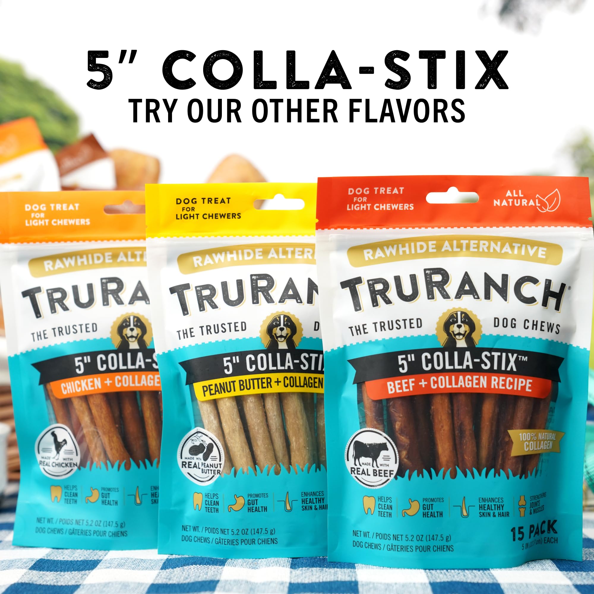 TRURANCH Peanut Butter 5 Stick Dog Chews - 5 Pack | 100% All Natural, Long Lasting & Rawhide Free Dog Chews - Premium Dog Treats