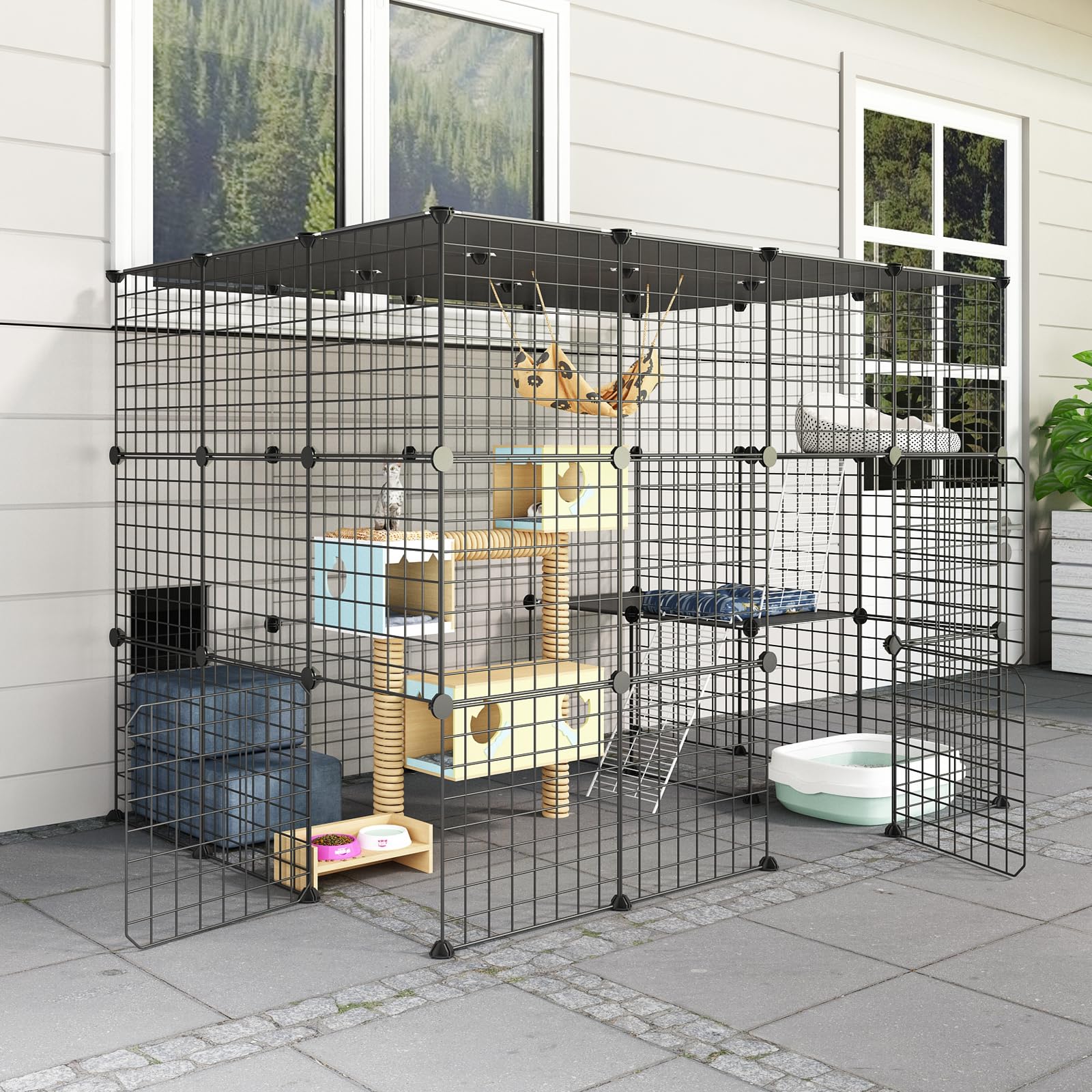 Eiiel Outdoorcat Cages Enclosure With Super Large Enter Door, 55.1Lx41.3Wx41.3H Cat House Balcony Playpen Platforms,Diy Kennels Crate Exercise Place Ideal For 1-4 Cats, Black, (El-387R)