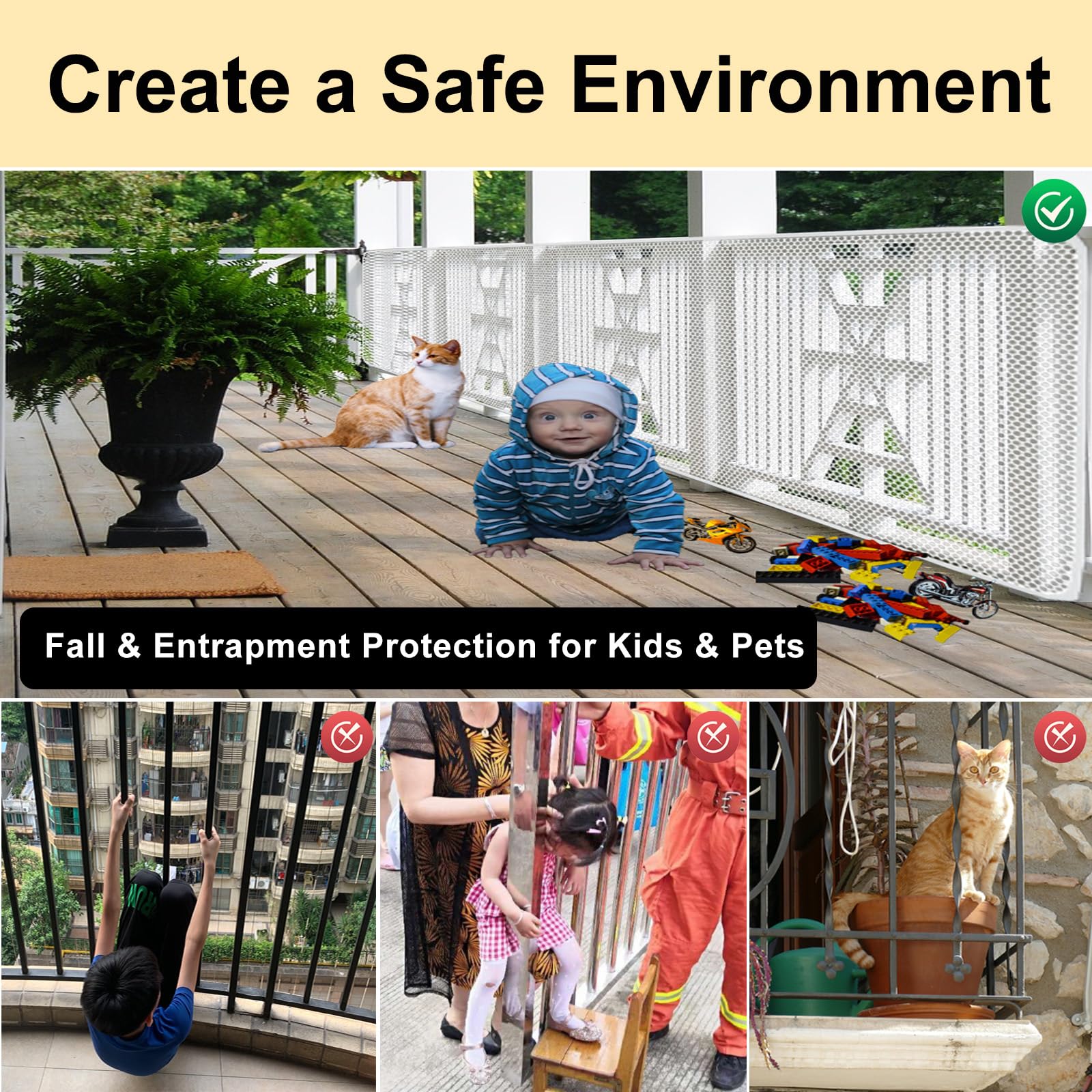 Banister Guard-10ft X 3ft Thick Balcony Safety Net for Kids Pet Balcony Guard Balcony Netting for Pets Rail Net for Balcony Apar