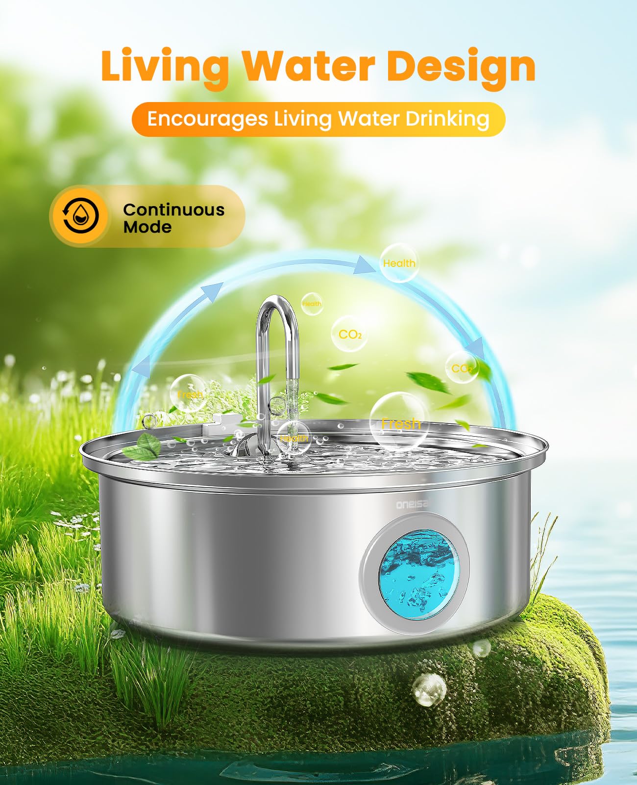 oneisall Dog Water Fountain, 7L Stainless Steel, Quiet Design with Visual Water Level & Triple Filtration for All Breeds