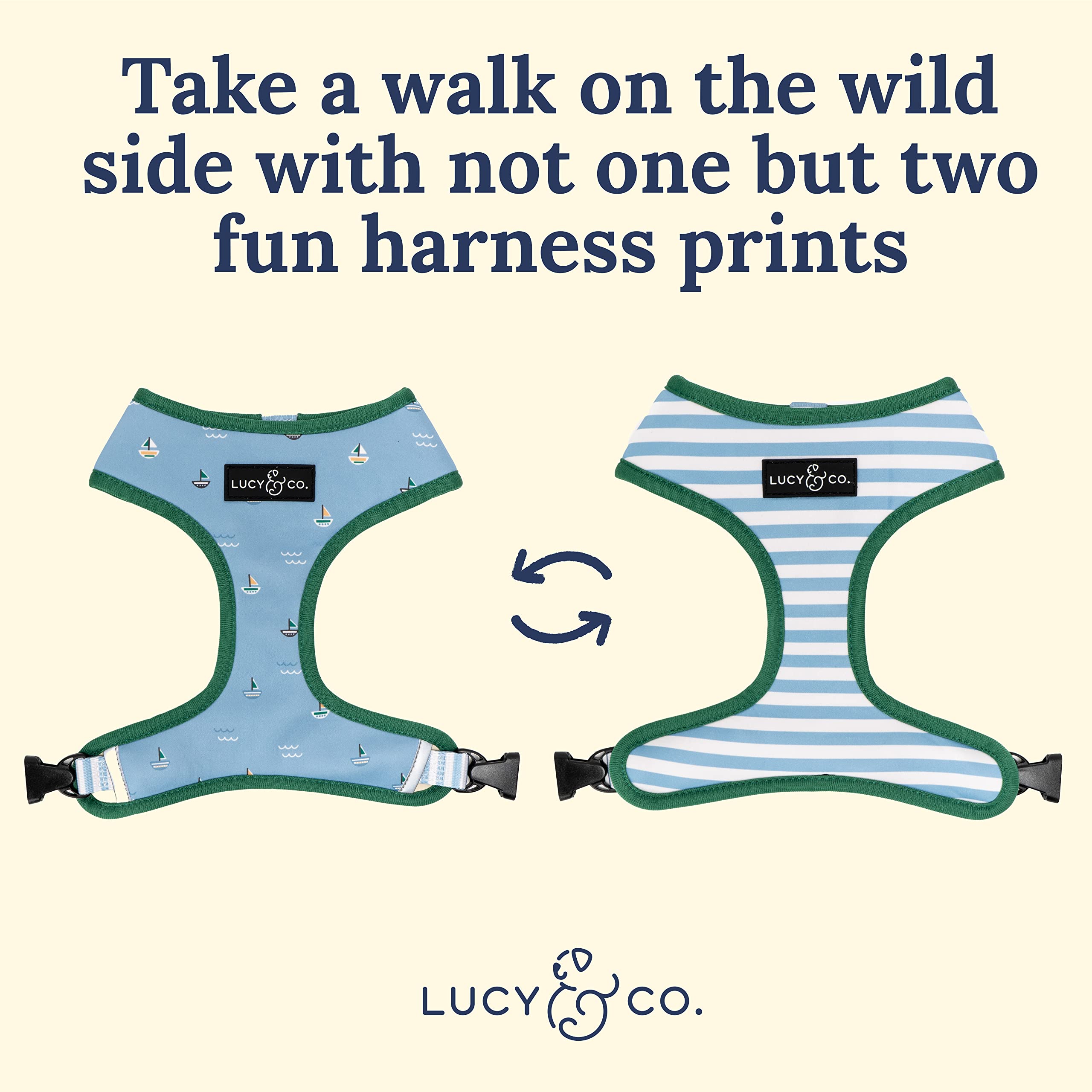Lucy & Co. Set Sail Reversible Harness, Walking Halter - Best Designer Pet Harnesses For Large Dogs - Padded Adjustable Vest For